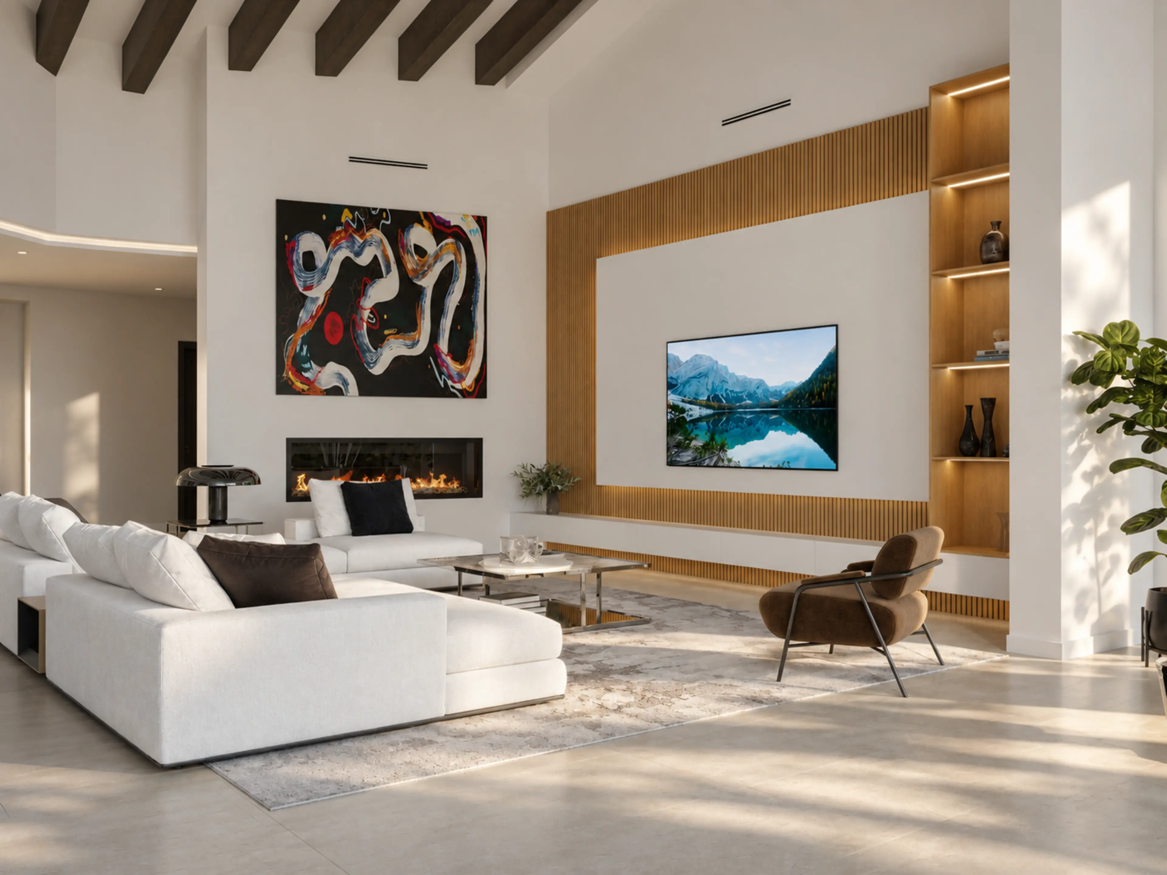 Photographic living room with a tall ceiling, exposed beams and a fireplace.