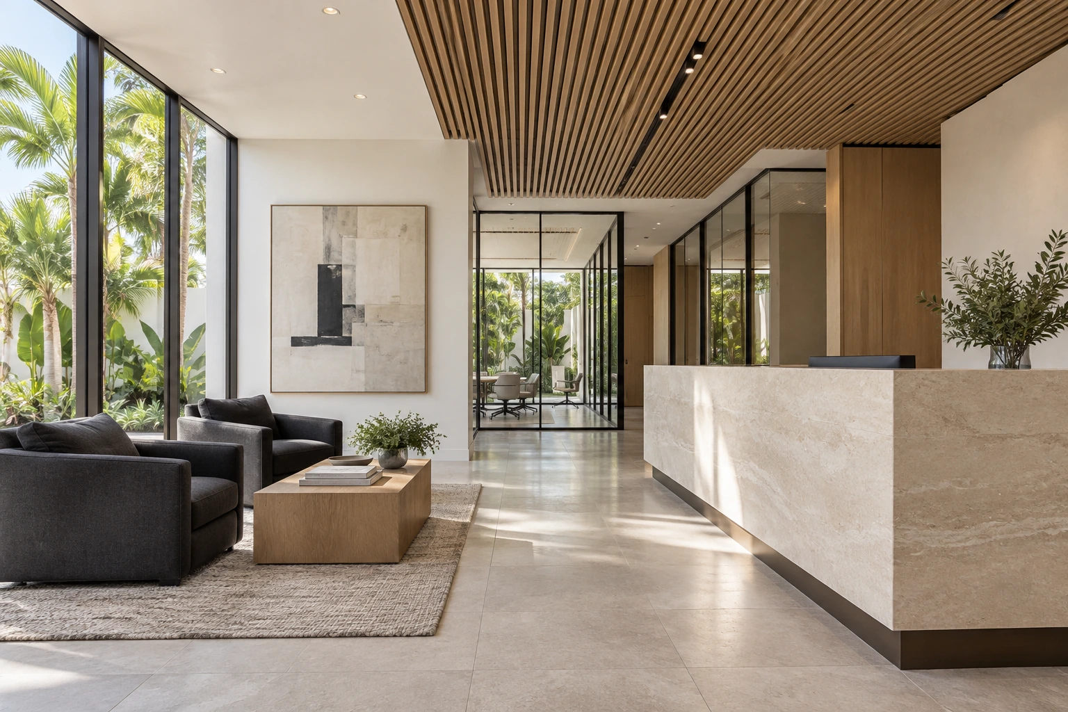 Commercial reception concept with a limestone desk, white oak ceiling, and garden-facing glass.