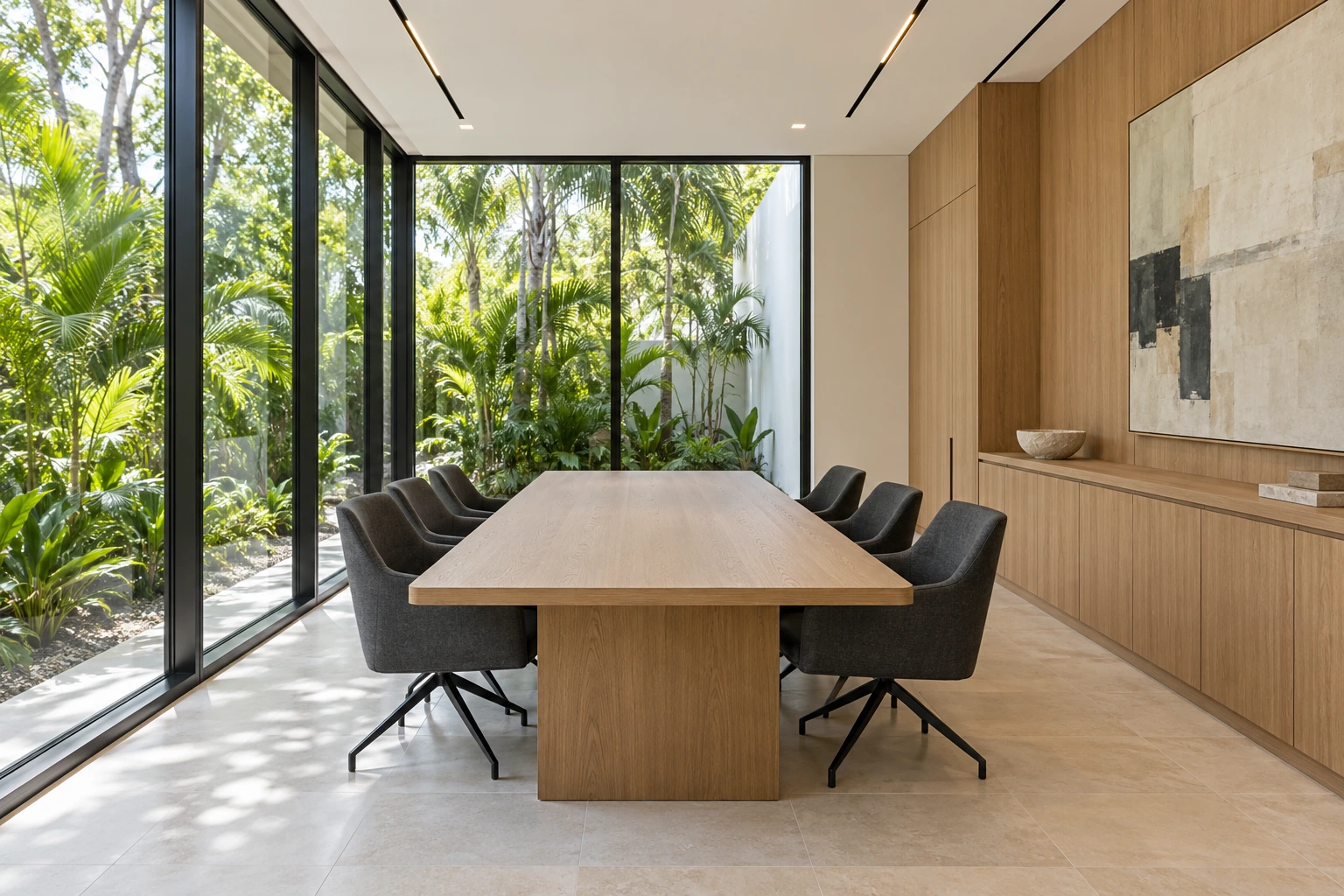 Modern meeting room with white oak, charcoal seating, and tropical garden glazing; design concept.