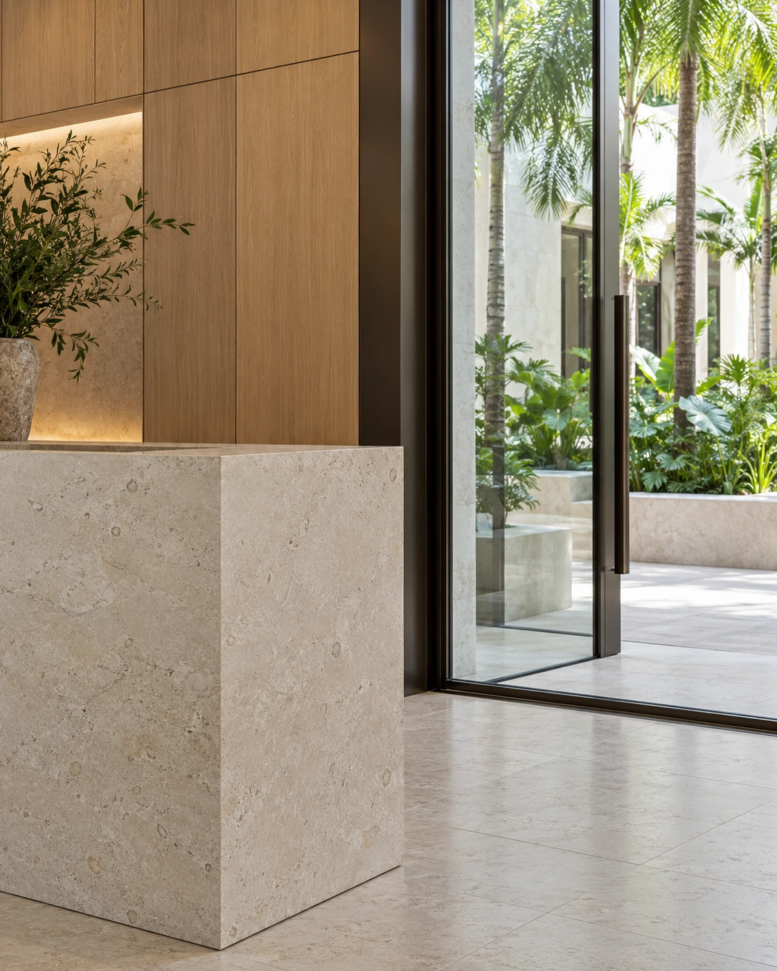 Limestone reception detail with flush oak joinery and a garden-facing glass door; design concept.