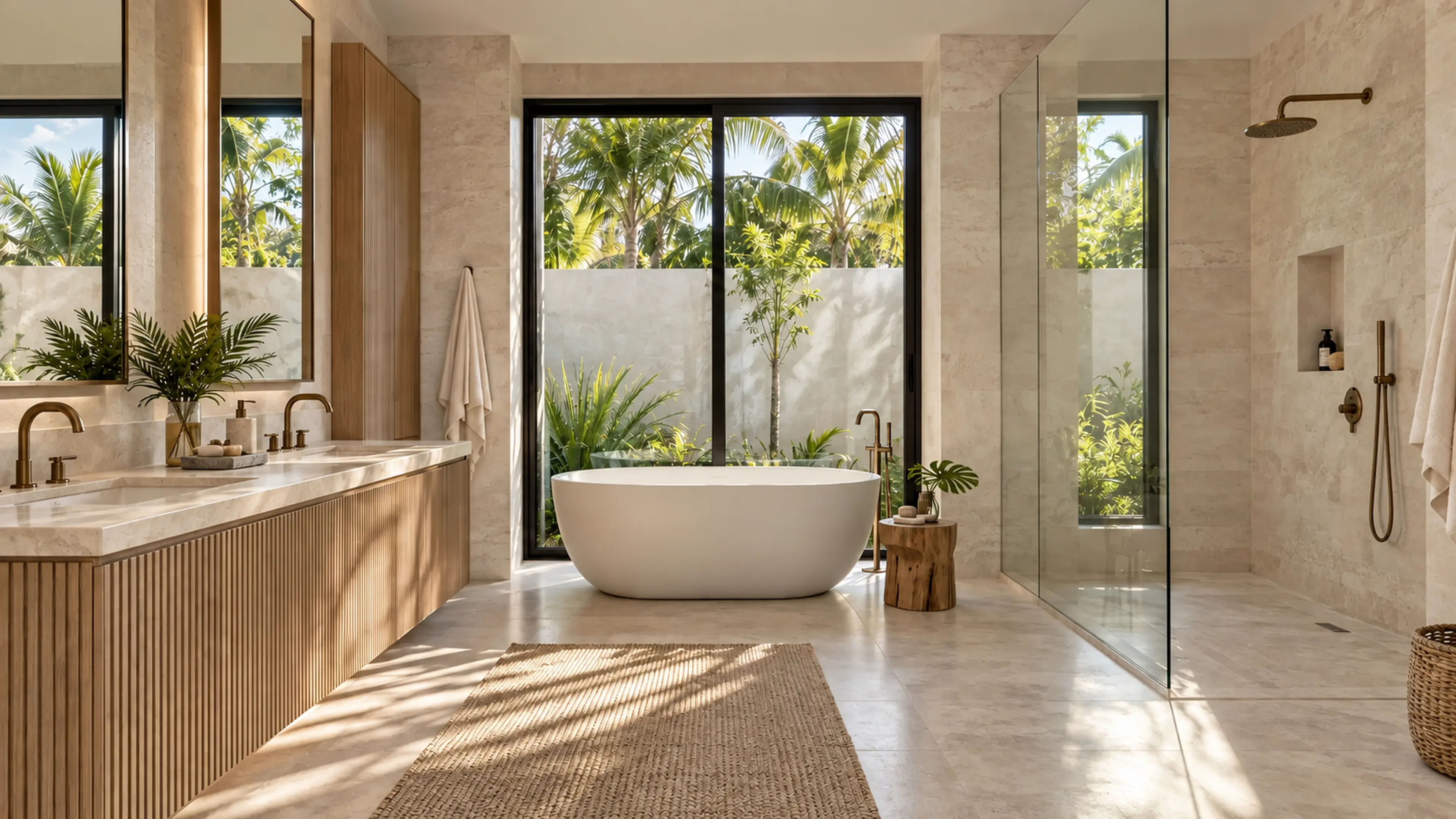 Completed Palm Beach primary bathroom with pale limestone, custom ribbed white-oak vanity, bronze fixtures, frameless shower, and tropical morning light.