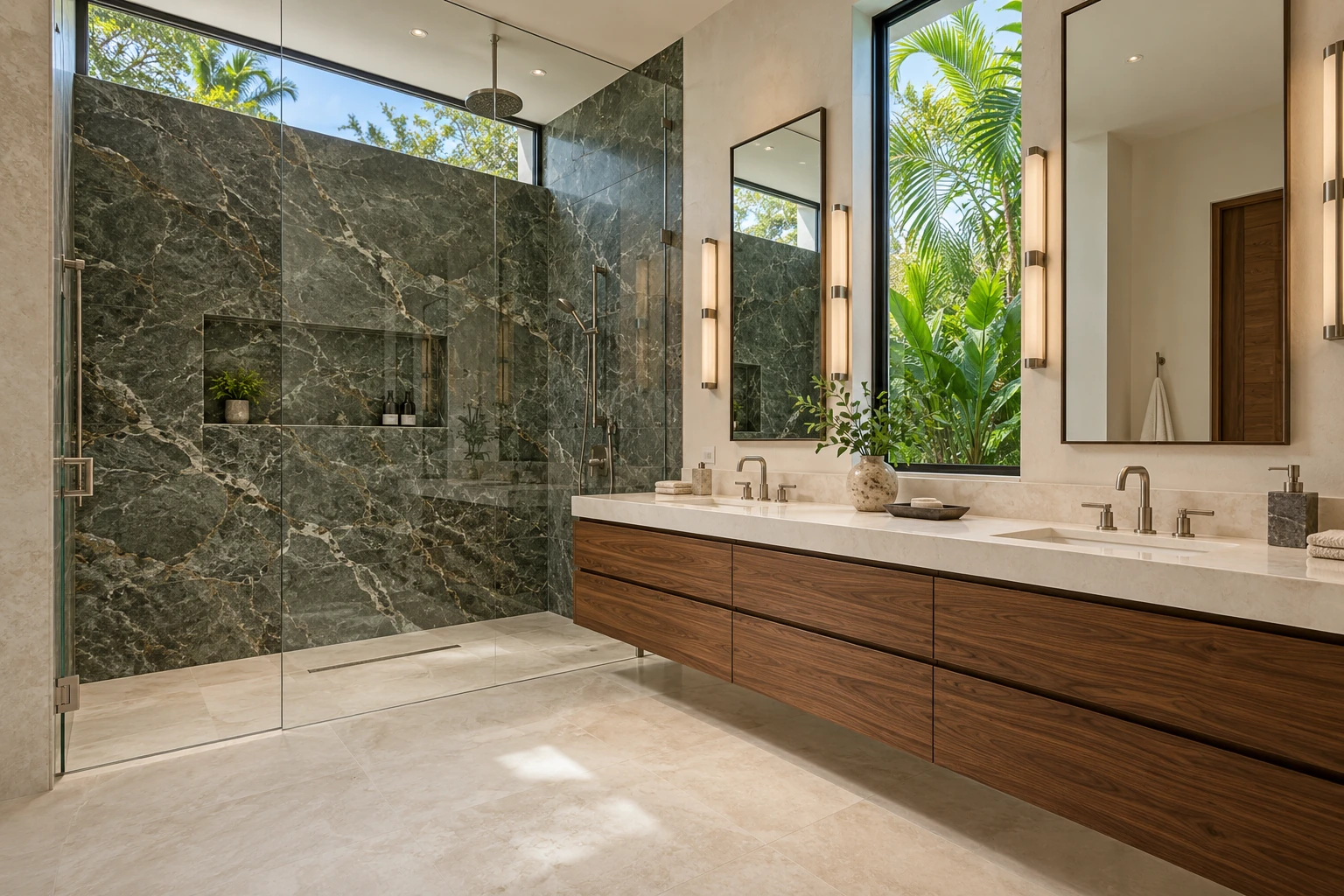 Primary bathroom with green-gray stone, a walnut vanity and a light-filled enclosed shower — RENOVA design concept.