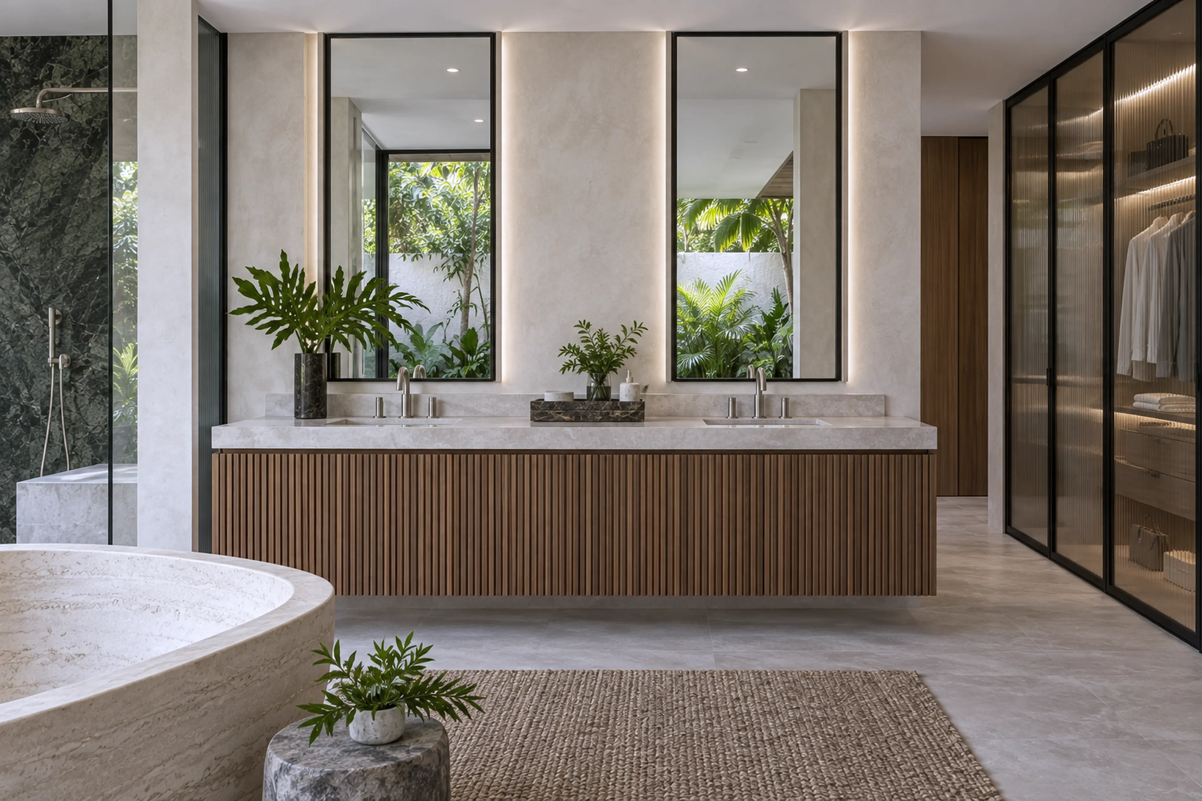 Modern double vanity with flat walnut cabinetry, pale stone, and a planted courtyard.
