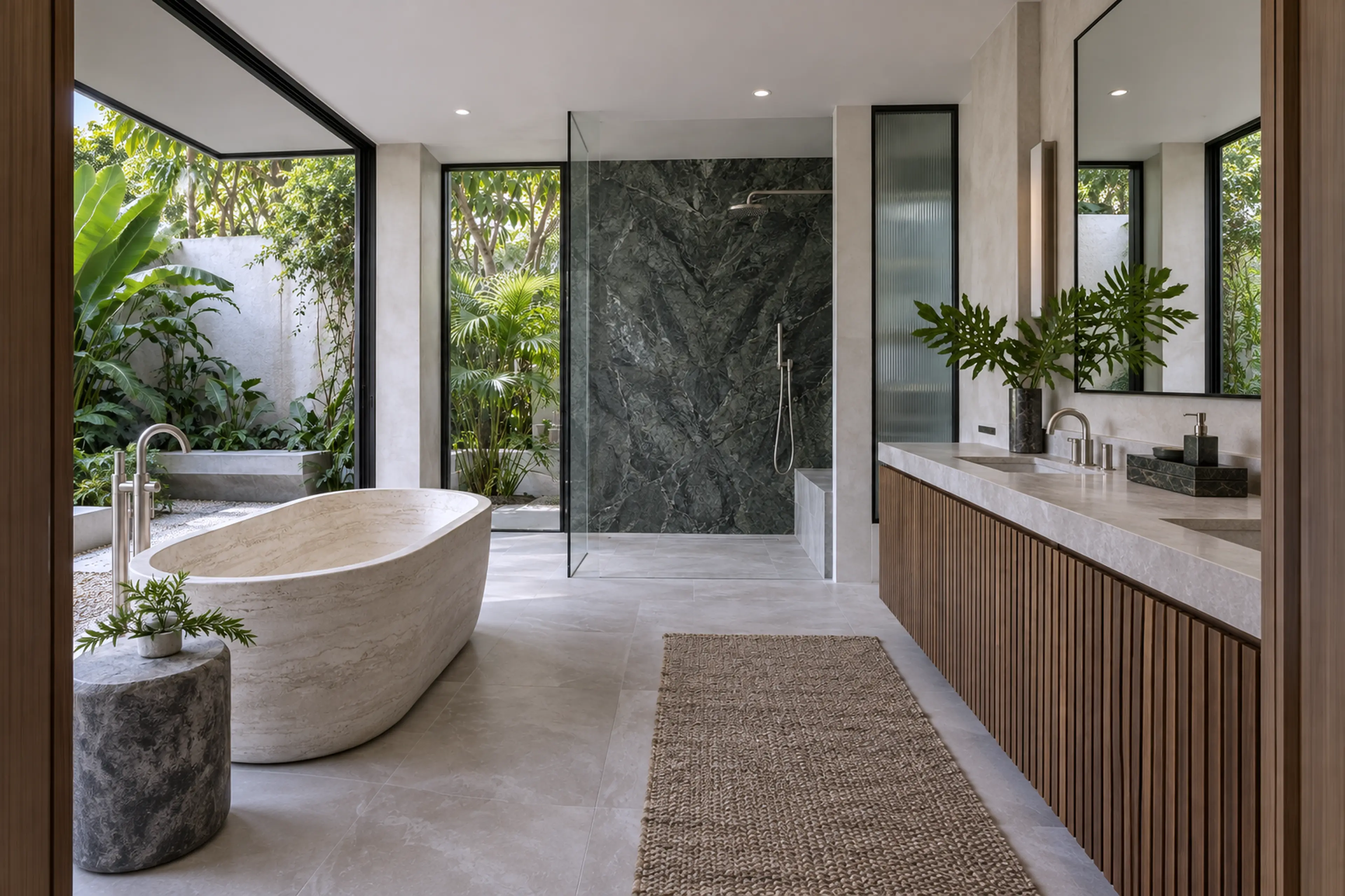 Contemporary bathroom with a sculptural stone tub, walnut cabinetry, and garden glazing.