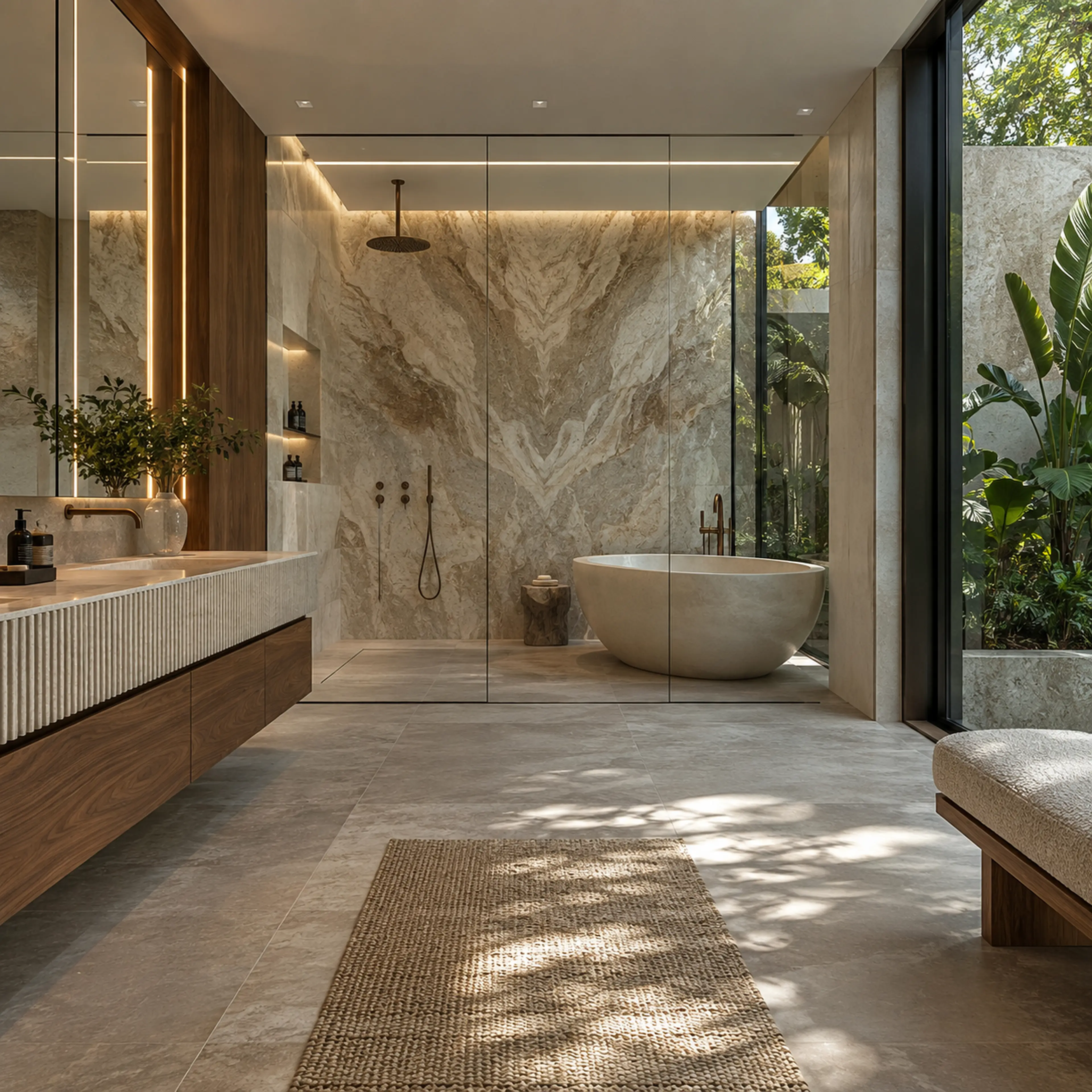 Miami Modern wet room with book-matched limestone, a fluted-stone and walnut vanity, frameless glazing, linear lighting, and a planted light court.