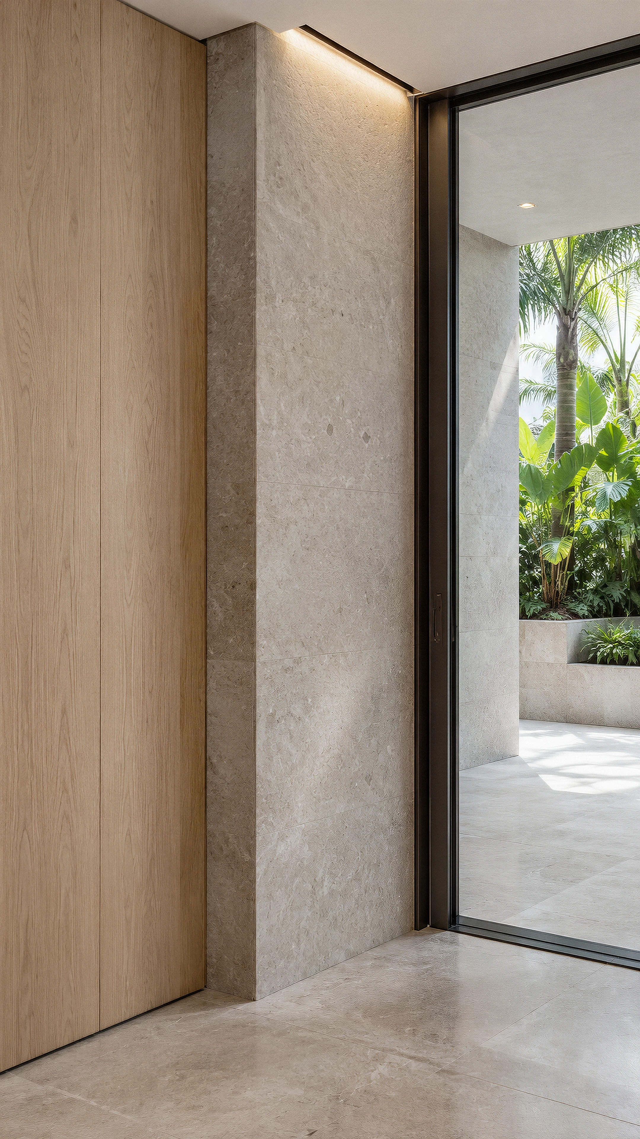 Minimal commercial doorway with flush oak panels, limestone, and slim dark glazing; RENOVA design concept.