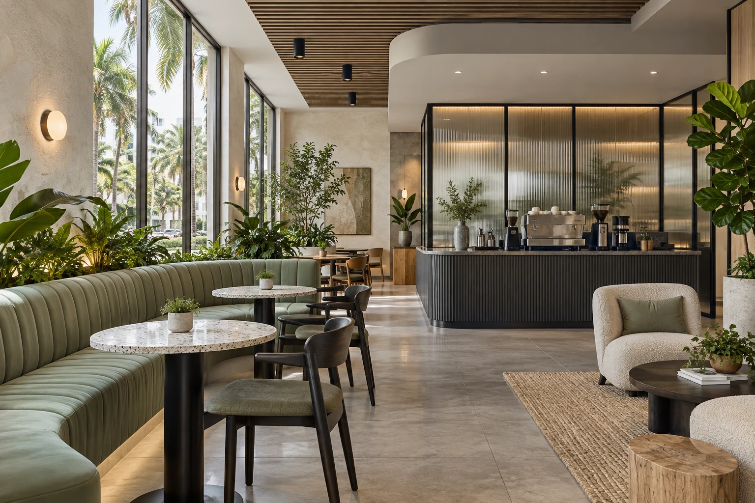 Commercial hospitality lounge with sage banquettes, terrazzo tables and a charcoal coffee bar — RENOVA design concept.
