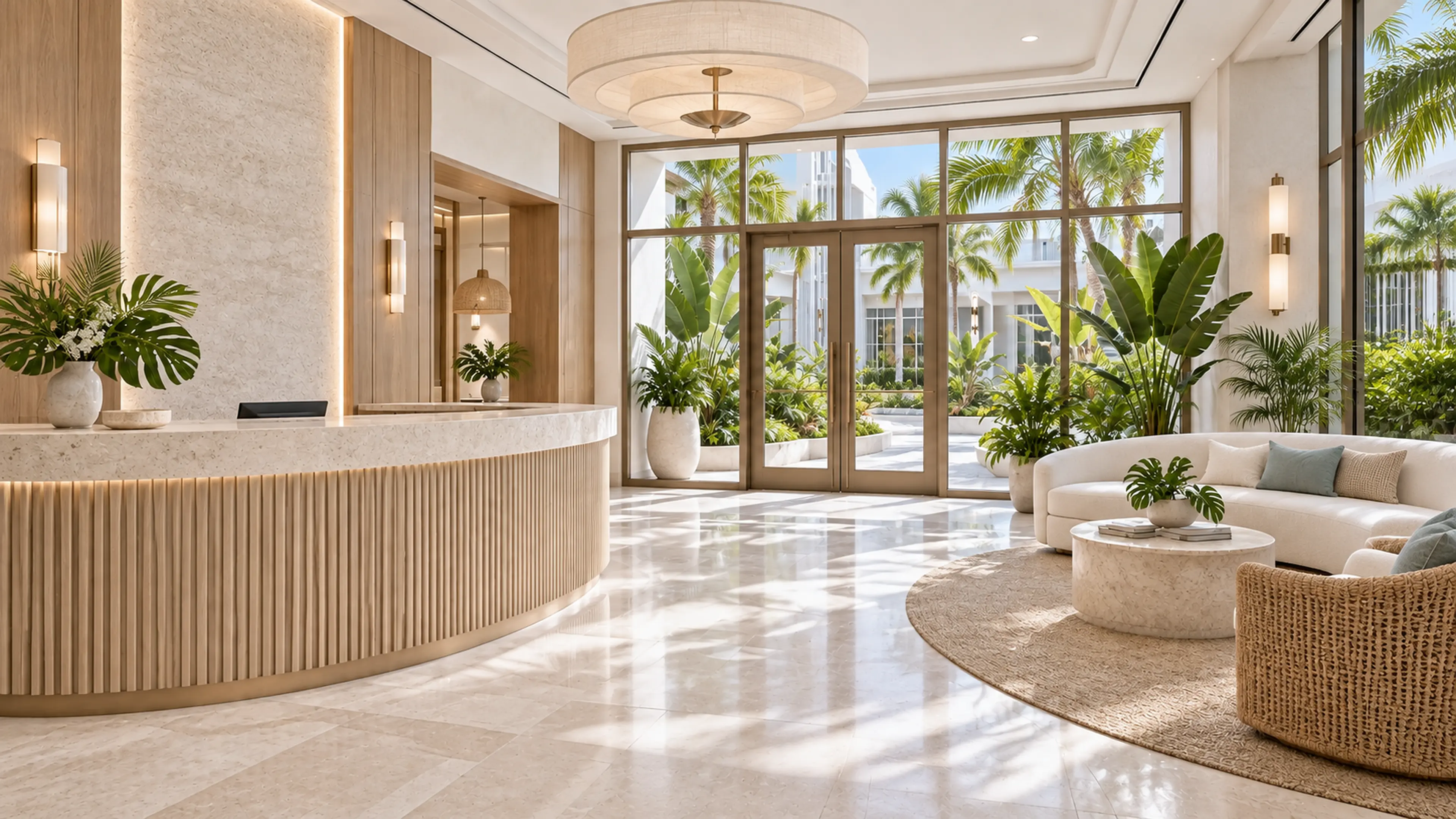Coastal Contemporary boutique commercial interior with pale limestone, white oak, and tropical daylight.