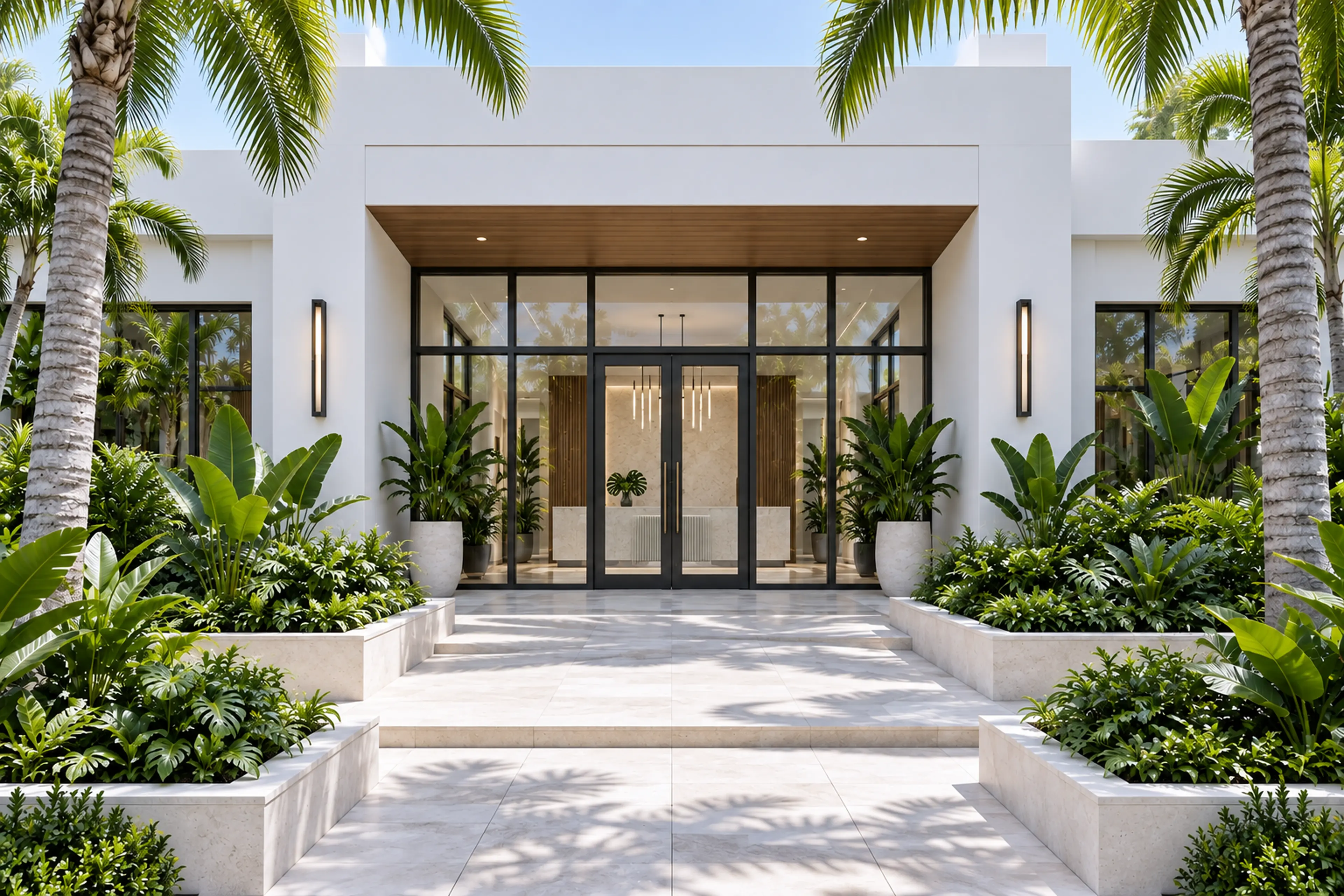 Miami Modern commercial street arrival with crisp volumes, shaded glass, and tropical landscaping.