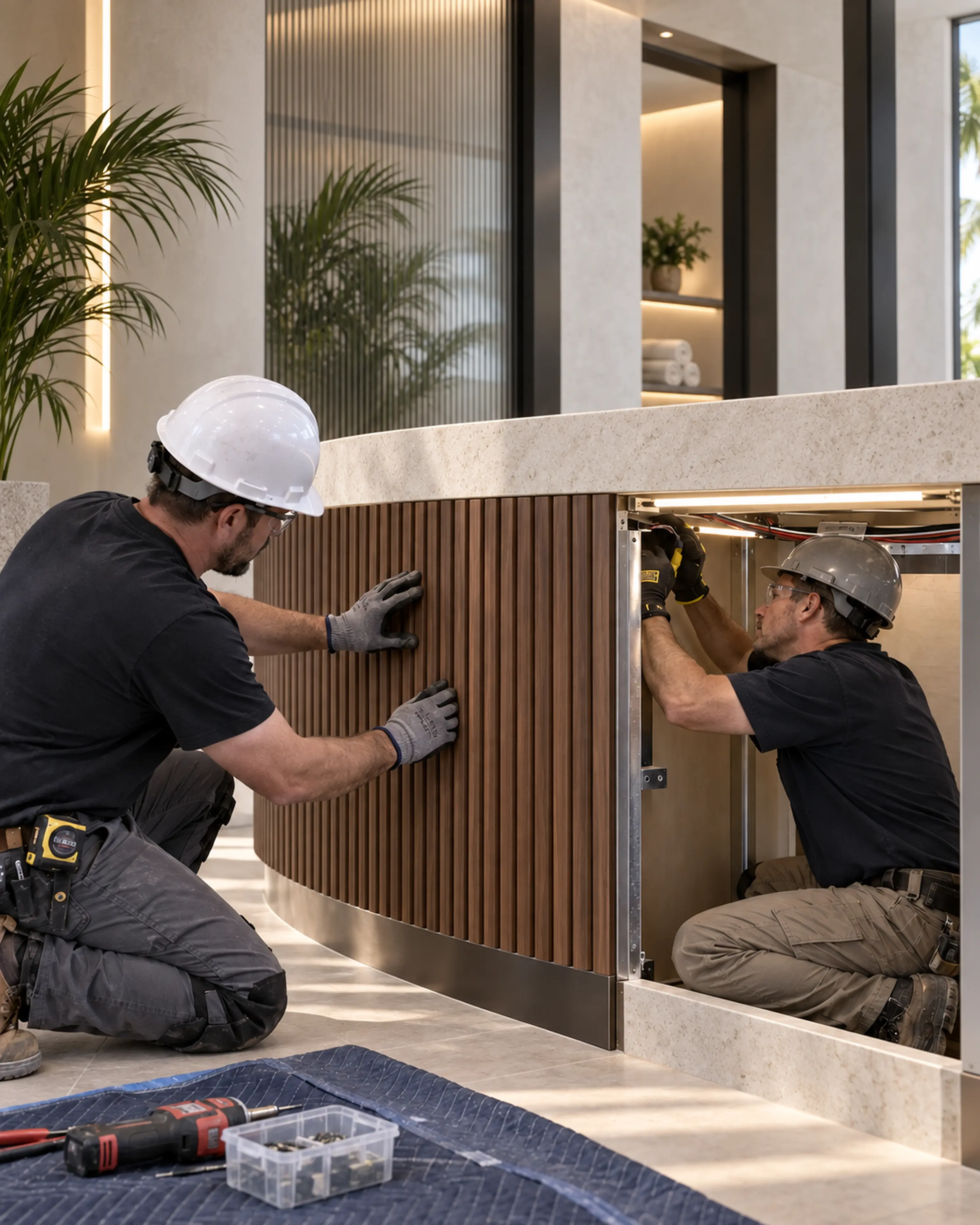 Two craft professionals installing a Miami Modern reception desk with correct PPE and tools.
