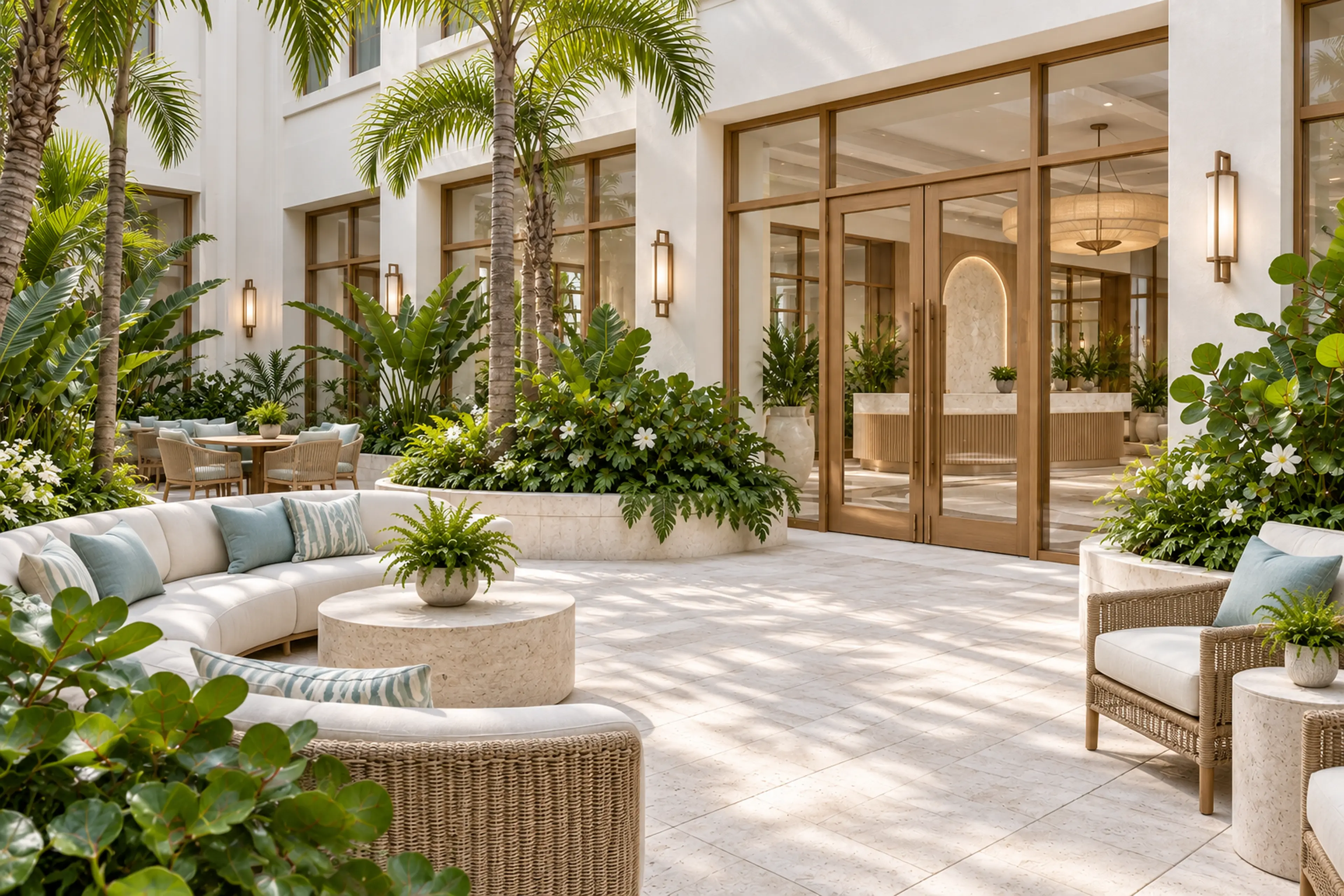 Coastal Contemporary commercial courtyard with pale limestone, woven furnishings, and tropical planting.