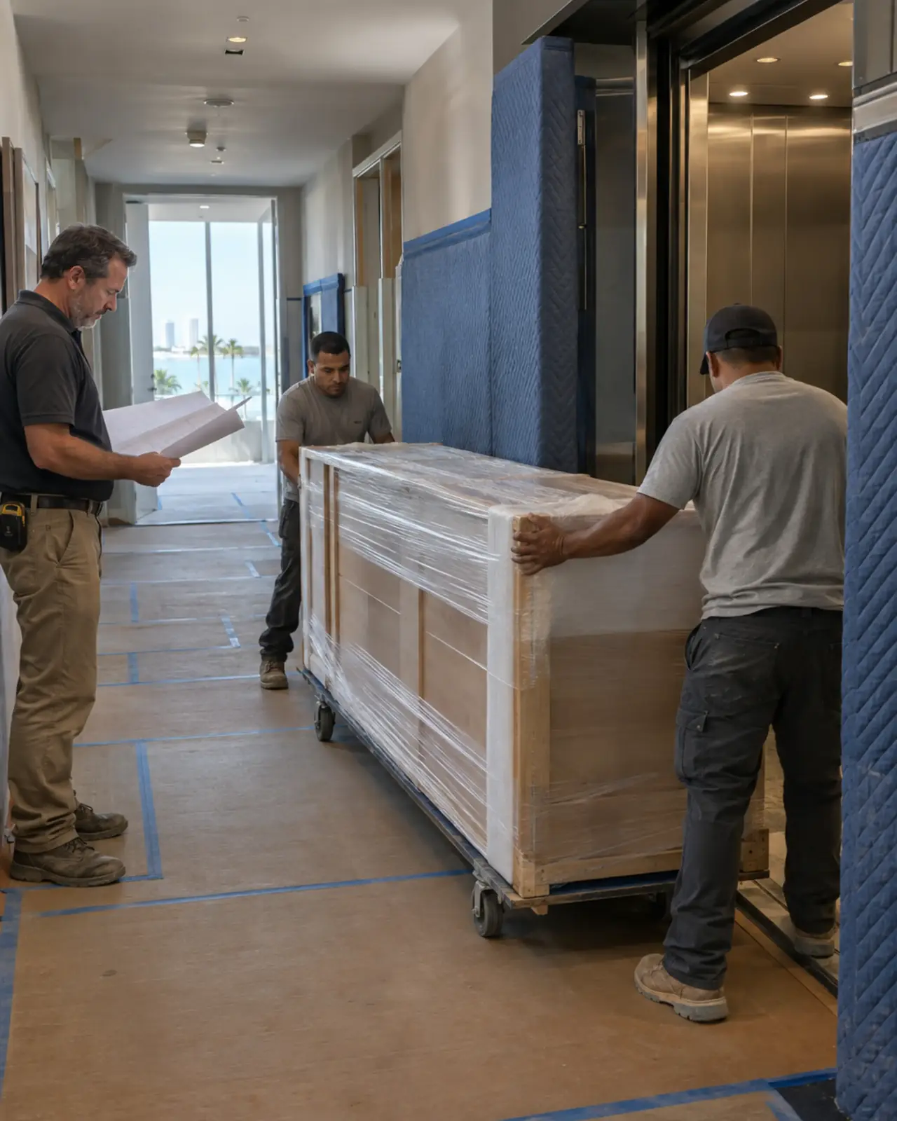 Wrapped millwork moving through a corridor with floor and wall protection.