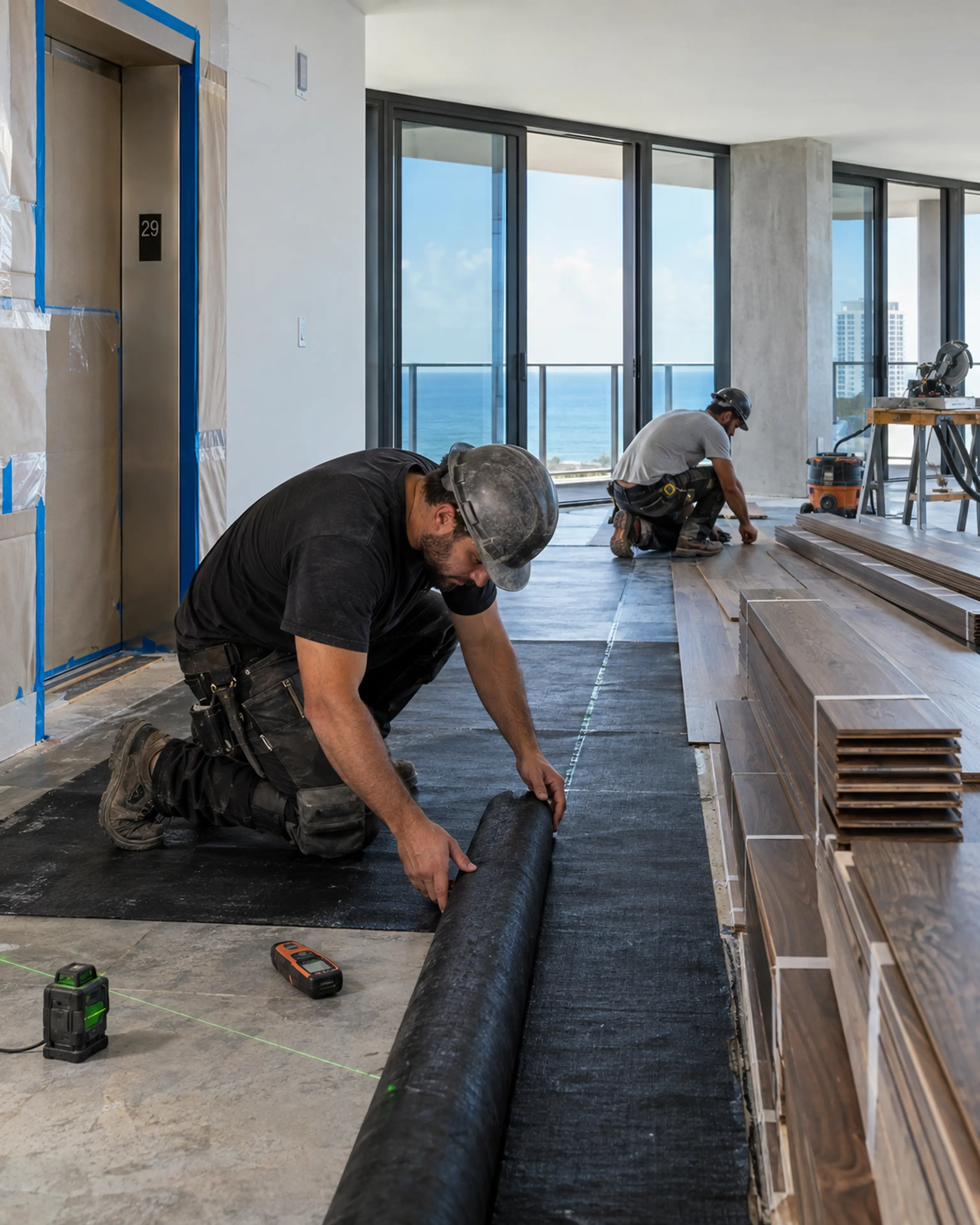 Flooring installer placing acoustic underlayment beneath wide-plank oak in an active Miami Modern high-rise condo renovation.