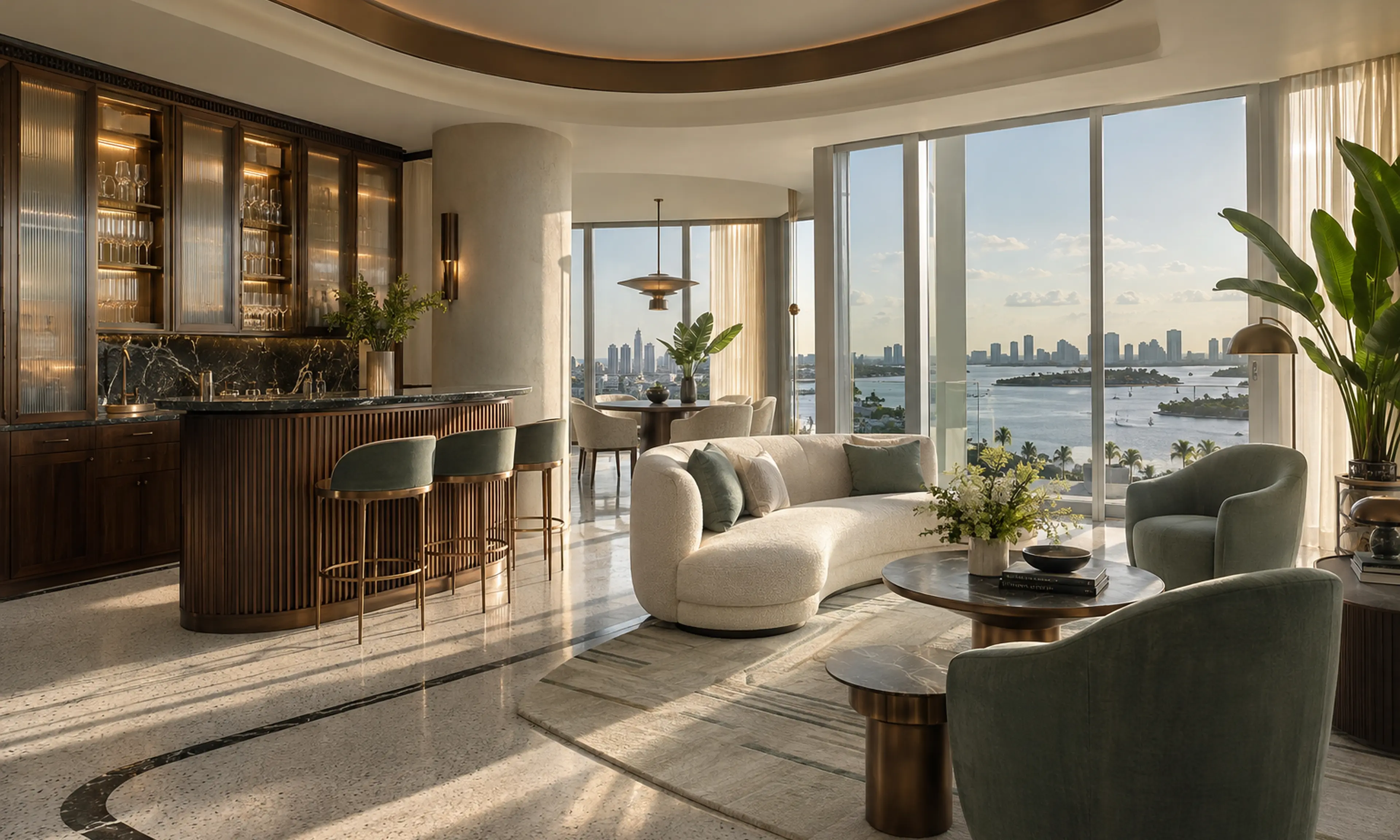 Restrained residential Art Deco condo living room with curved plaster, fluted walnut, ribbed glass, terrazzo inlay, and muted sea-green upholstery.