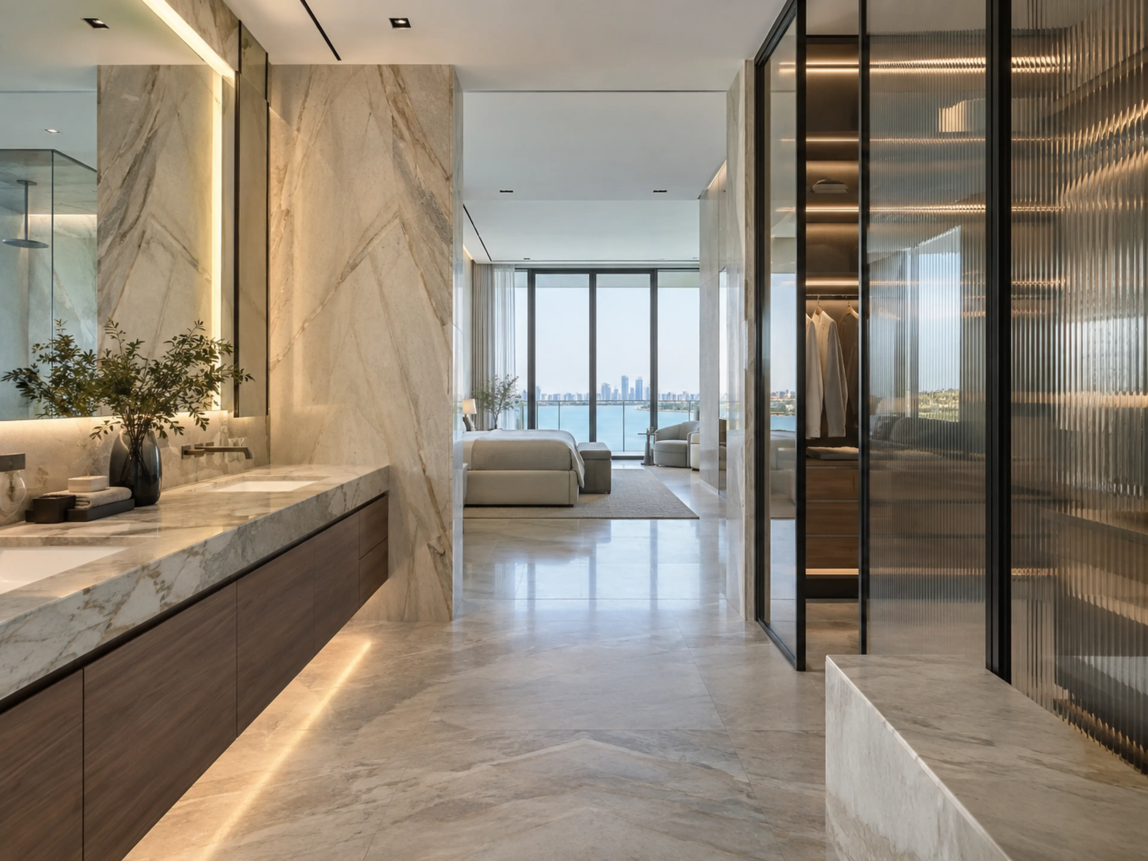 Miami Modern condo bathroom and dressing room with vein-cut limestone, floating walnut cabinetry, ribbed glass, and integrated linear lighting.