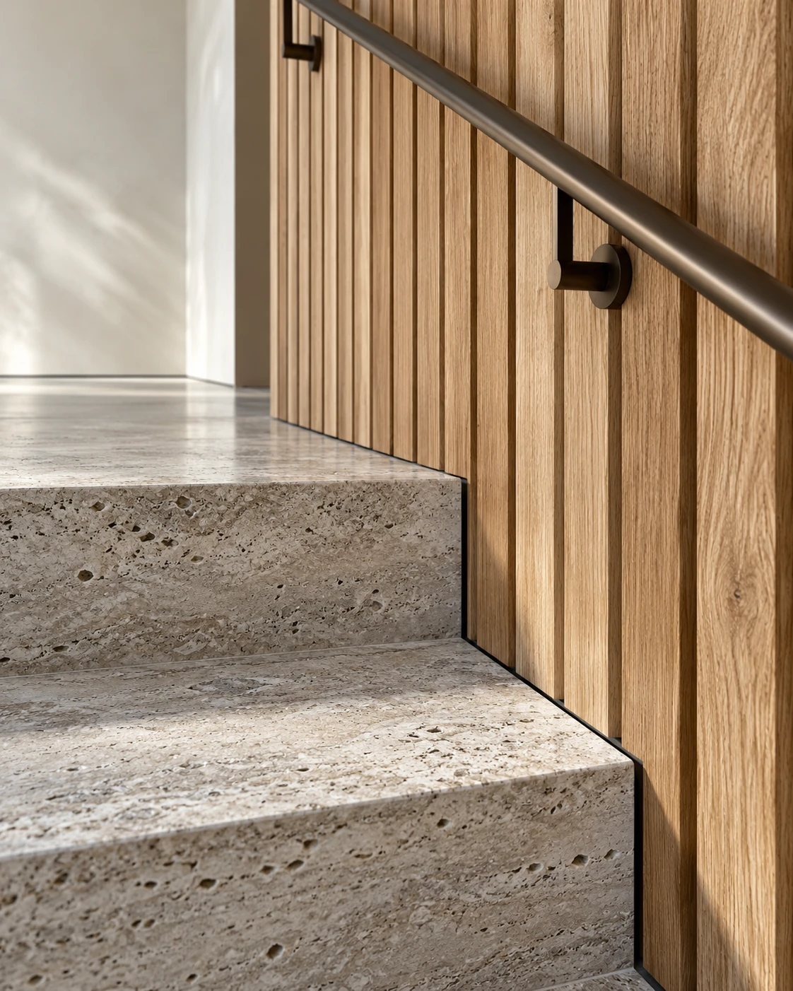 Precise travertine stair, oak joinery and bronze handrail junction — RENOVA design concept.