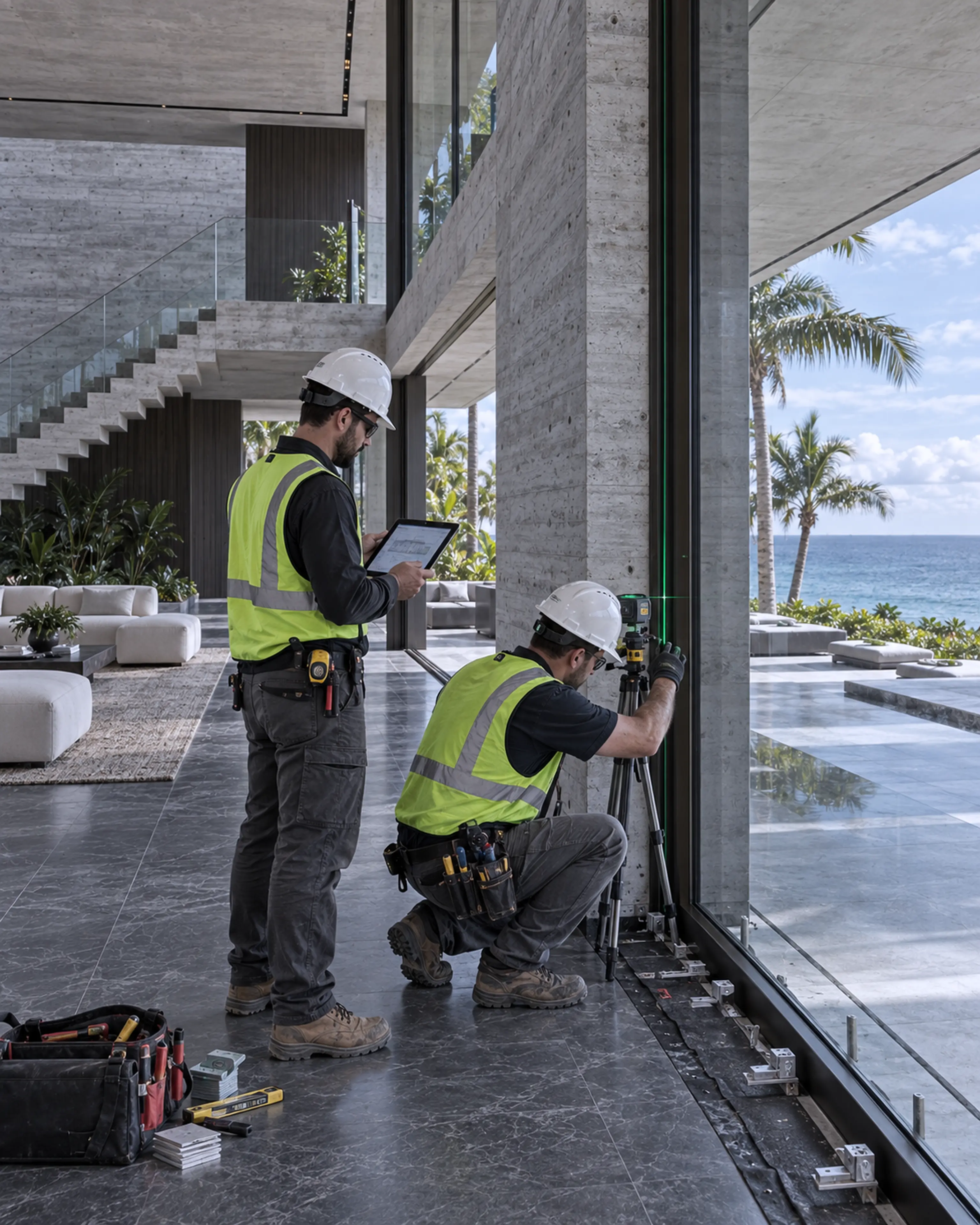 Two construction professionals checking facade and glazing tolerances at the oceanfront residence.