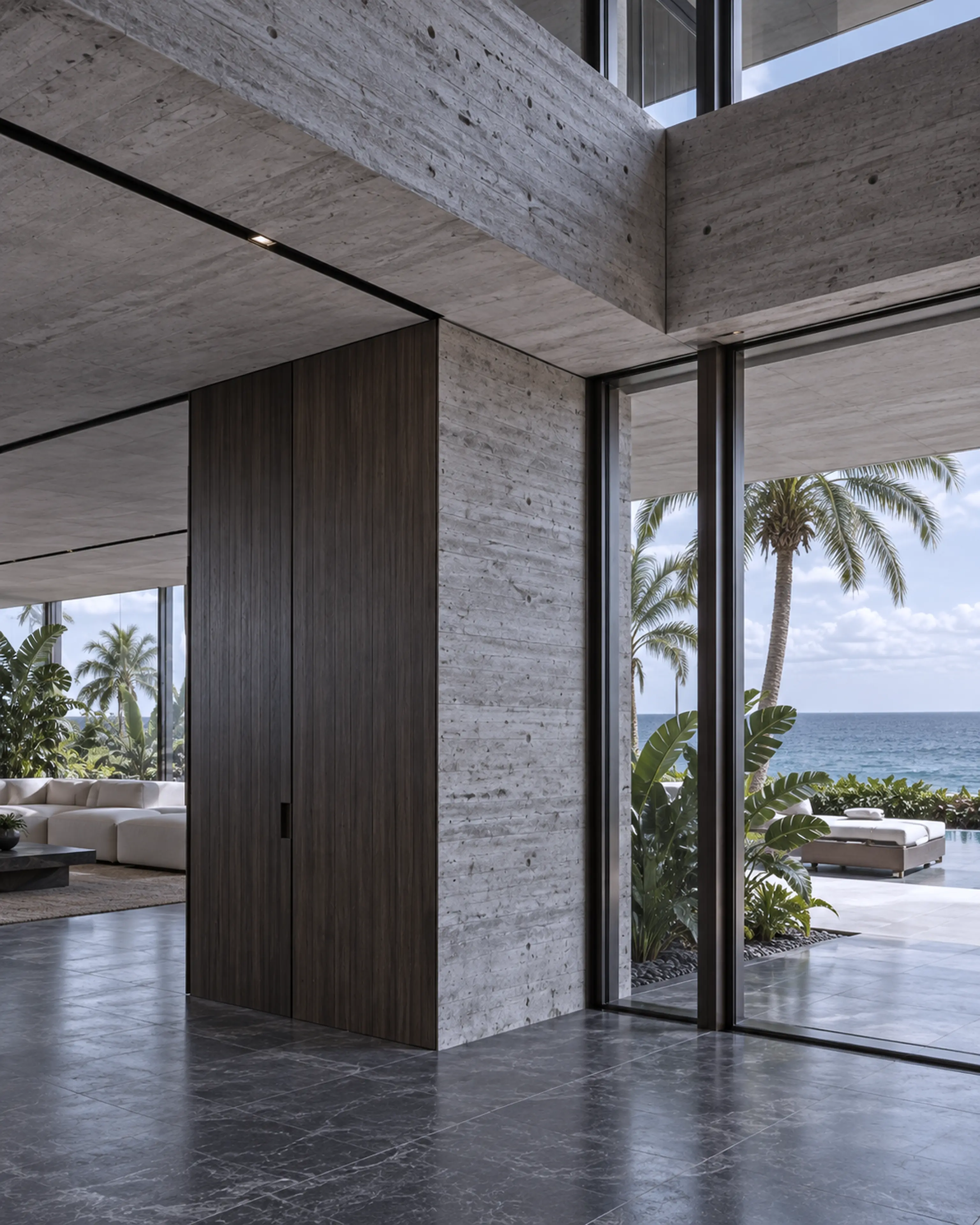 Precise concrete ceiling and wall junction framing an ocean view.