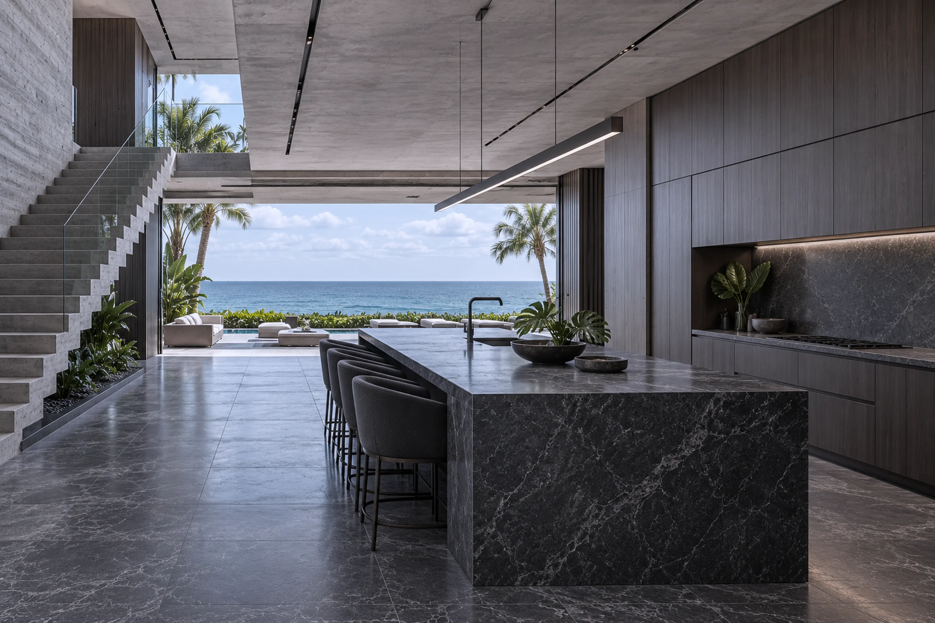 Modern kitchen with dark stone, flush cabinetry, and uninterrupted water views.