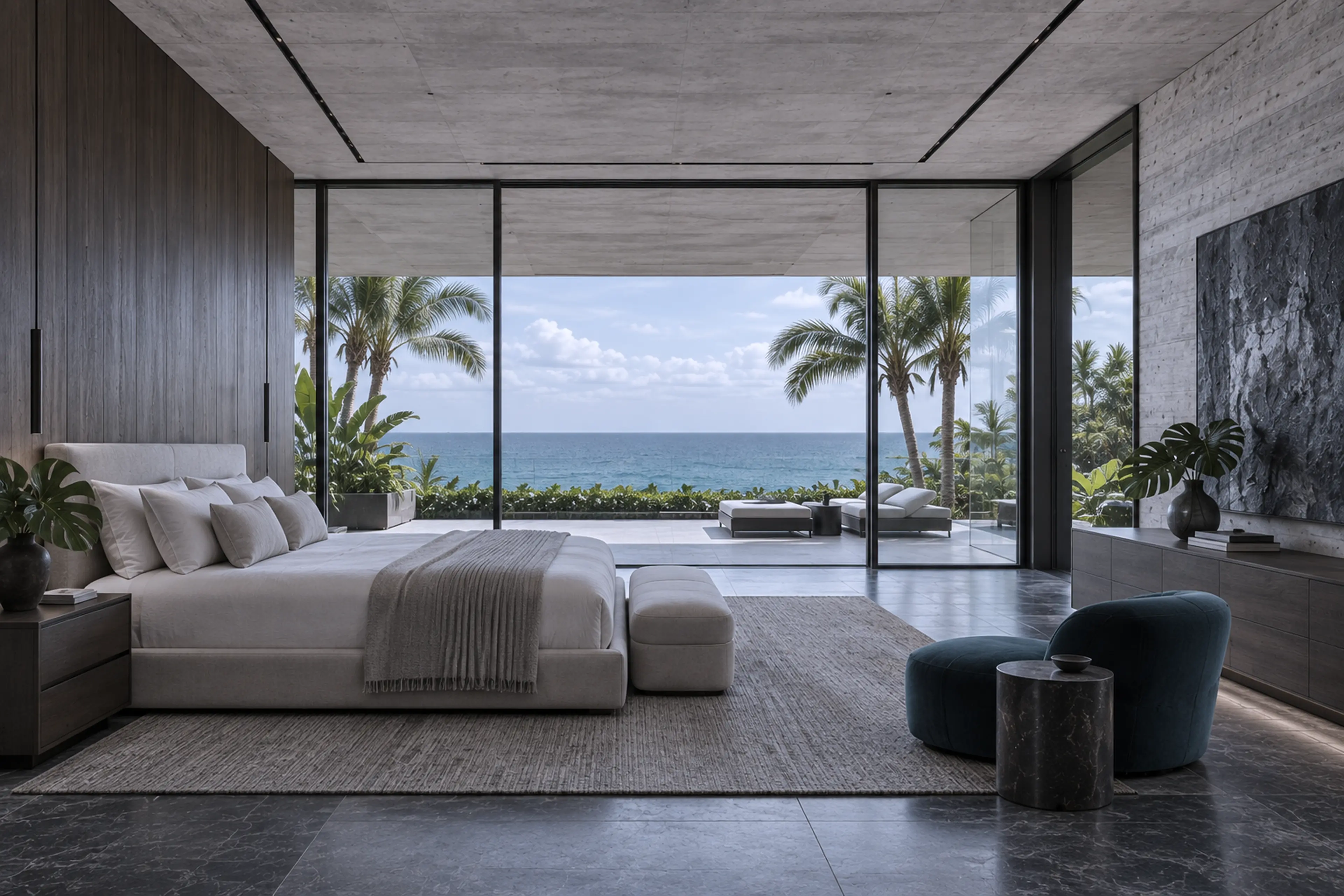 Minimal waterfront primary suite with warm timber, neutral textiles, and broad glazing.