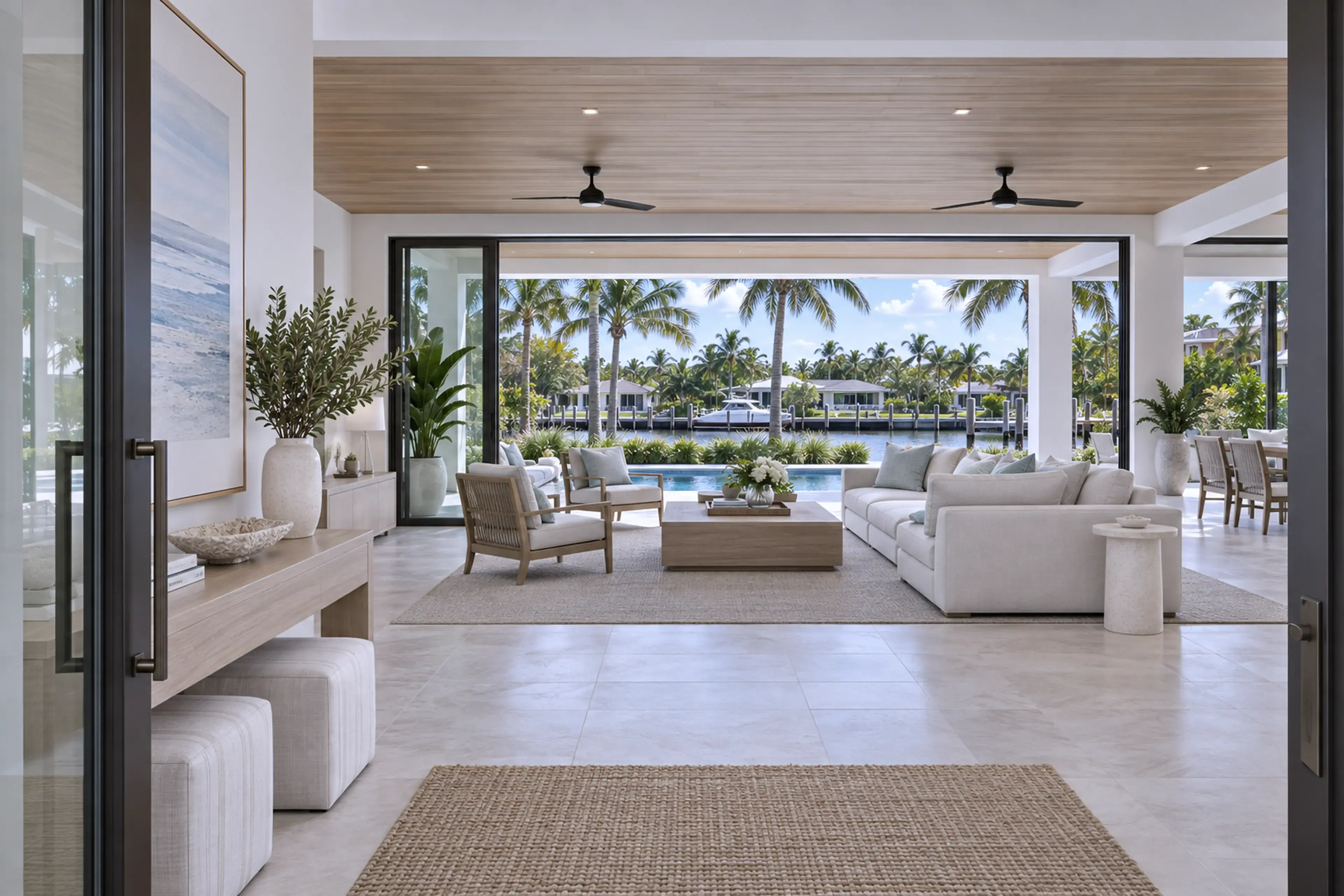 Coastal Contemporary great room with pale stone, warm wood, and tropical garden light.