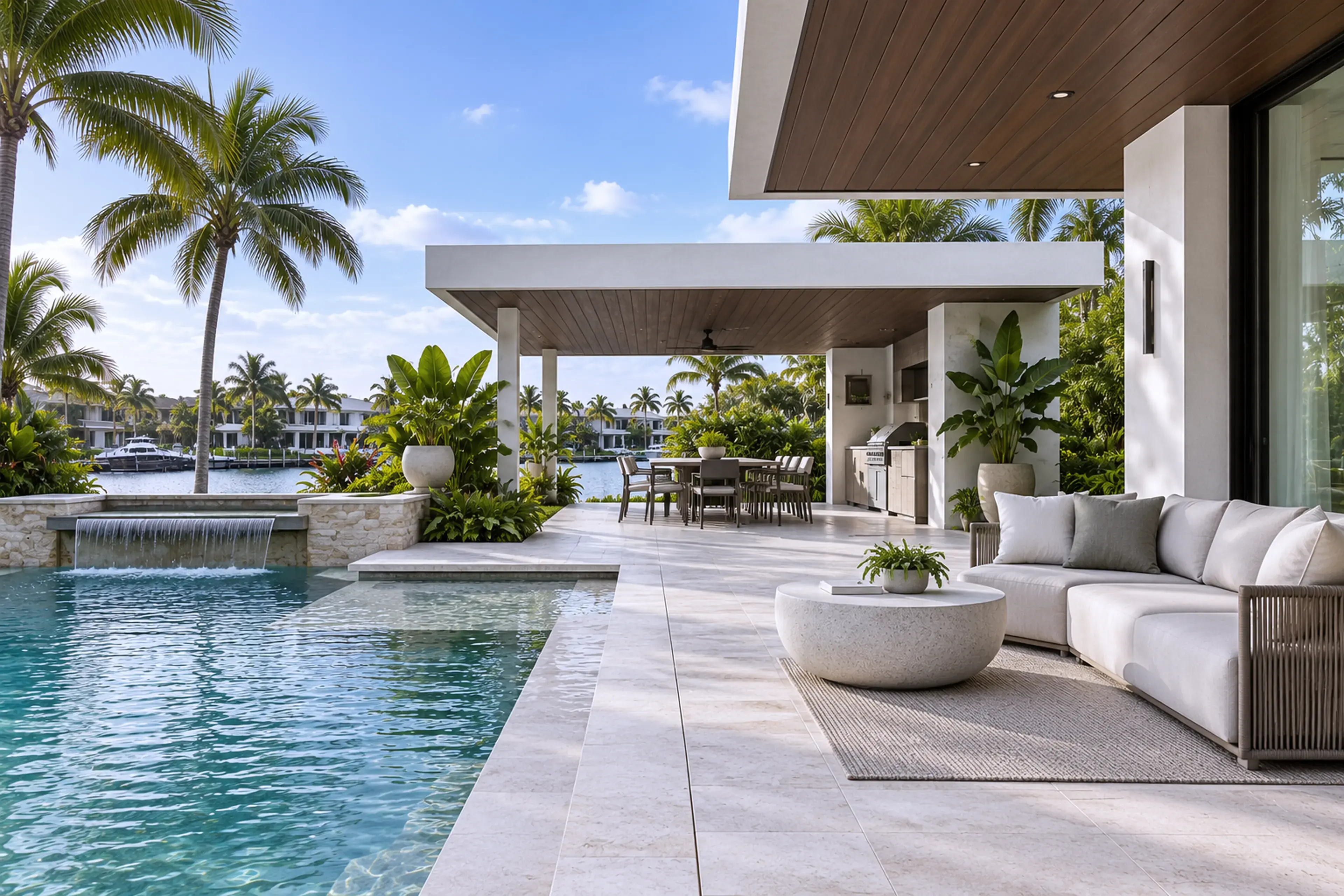 Coastal Contemporary ocean terrace with pale stone, warm wood, and shaded tropical living.