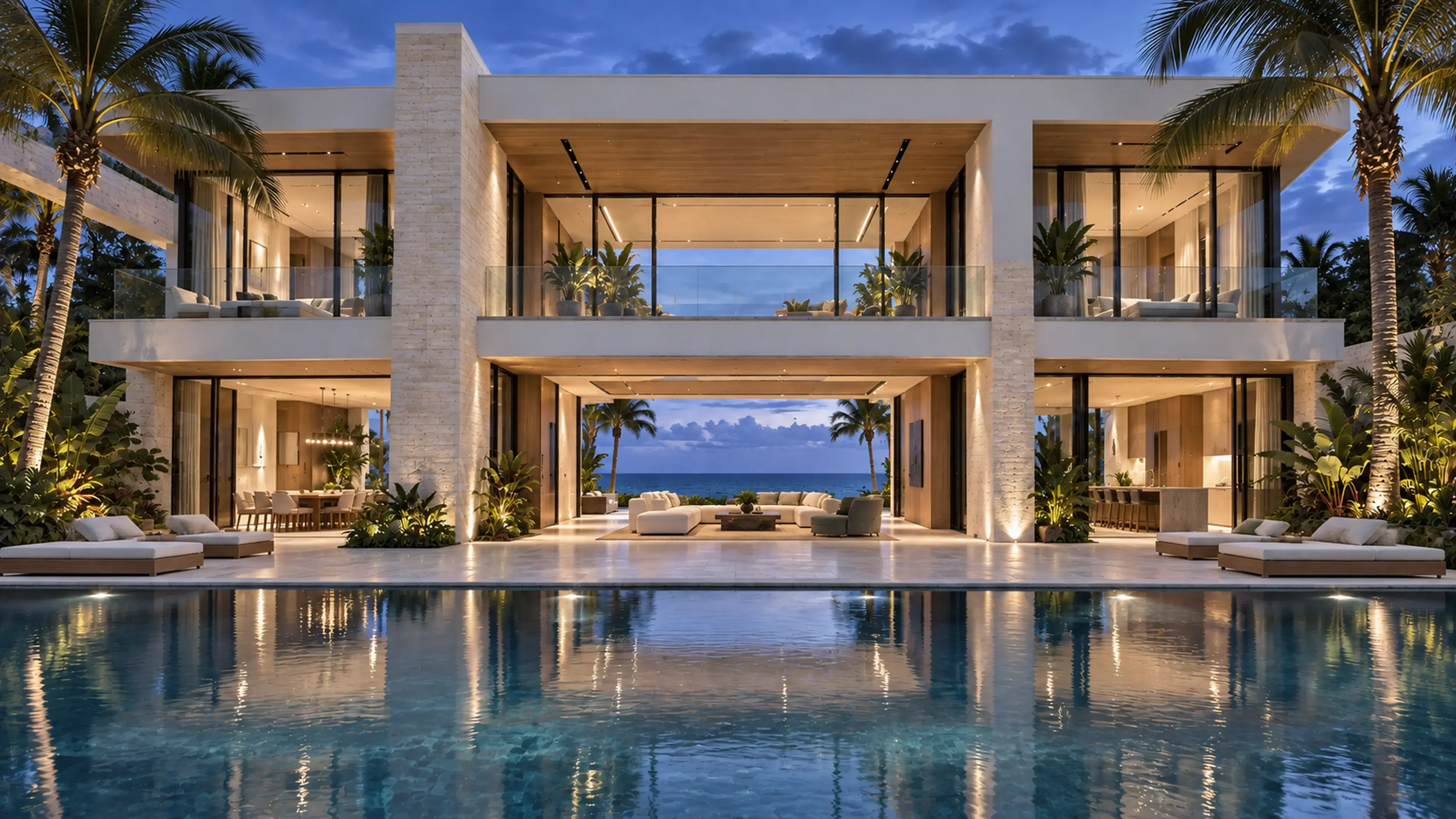 Coastal Contemporary waterfront residence and pool at blue hour.