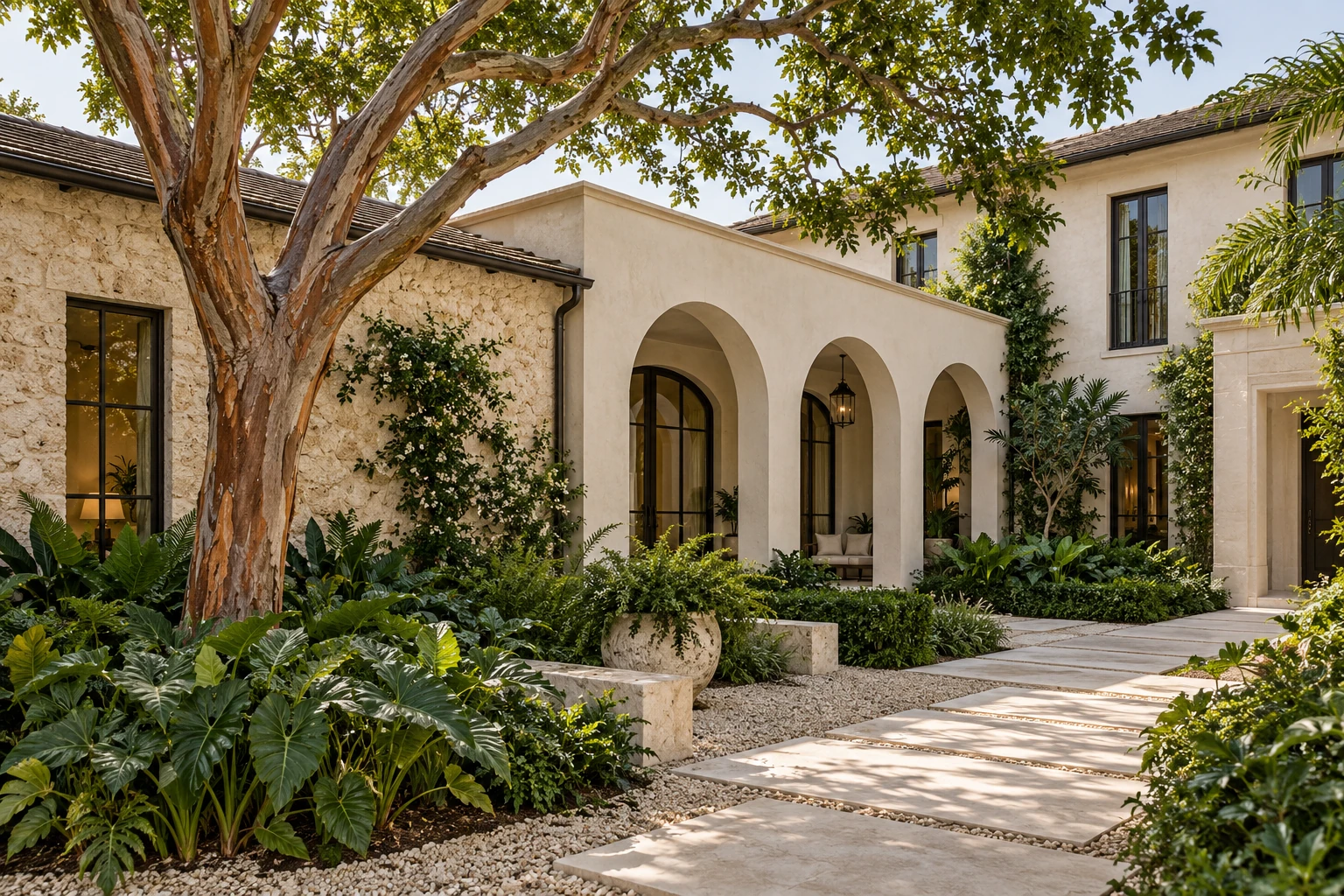 Palm Beach courtyard home with pale coral stone, an arched loggia and a private planted garden — RENOVA design concept.