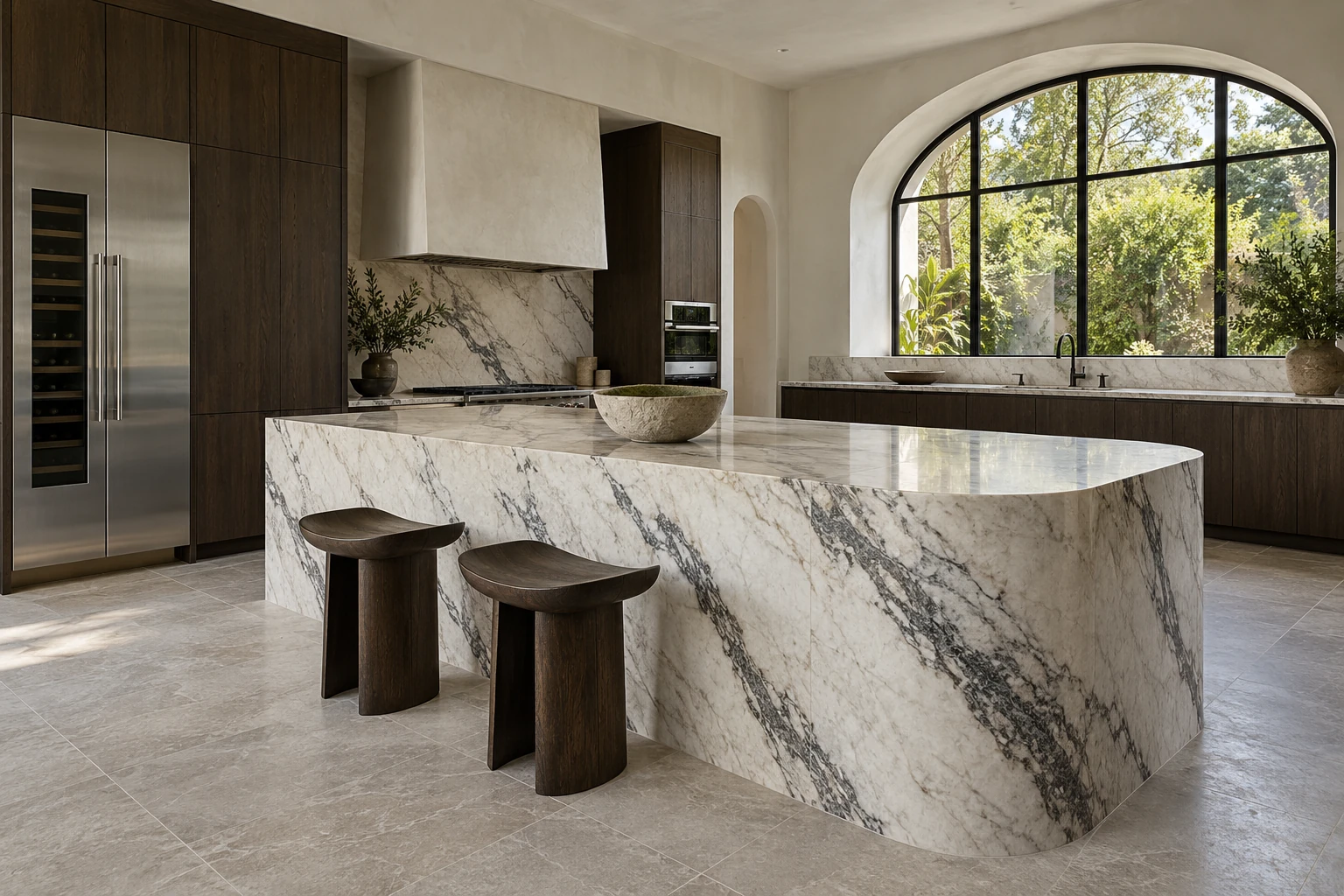Custom kitchen with sculptural veined-stone island, dark oak cabinetry and an arched garden window — RENOVA design concept.