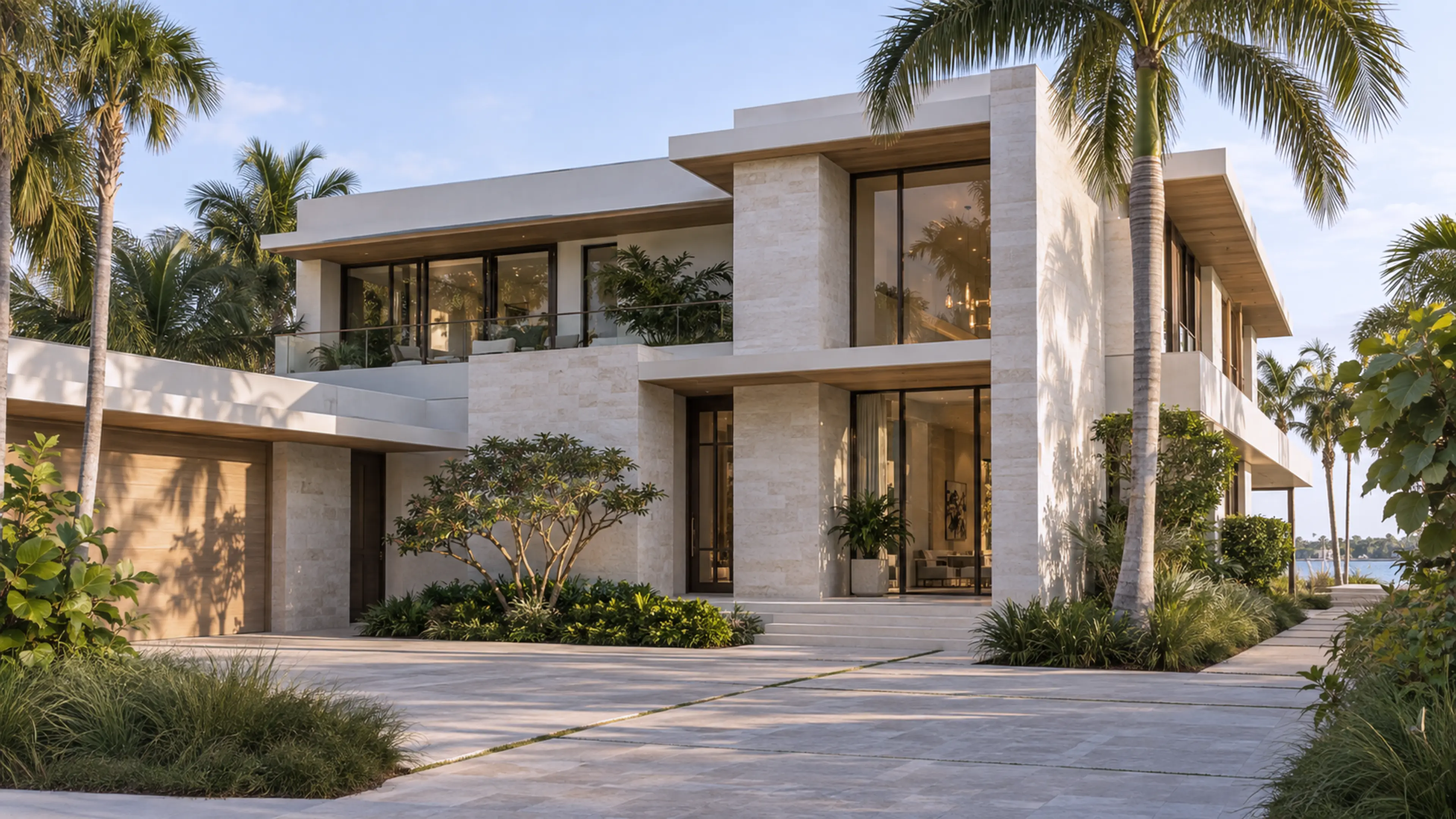 Completed South Florida custom residence with pale limestone, bronze glazing, white-oak soffits, and tropical gardens in warm morning light.