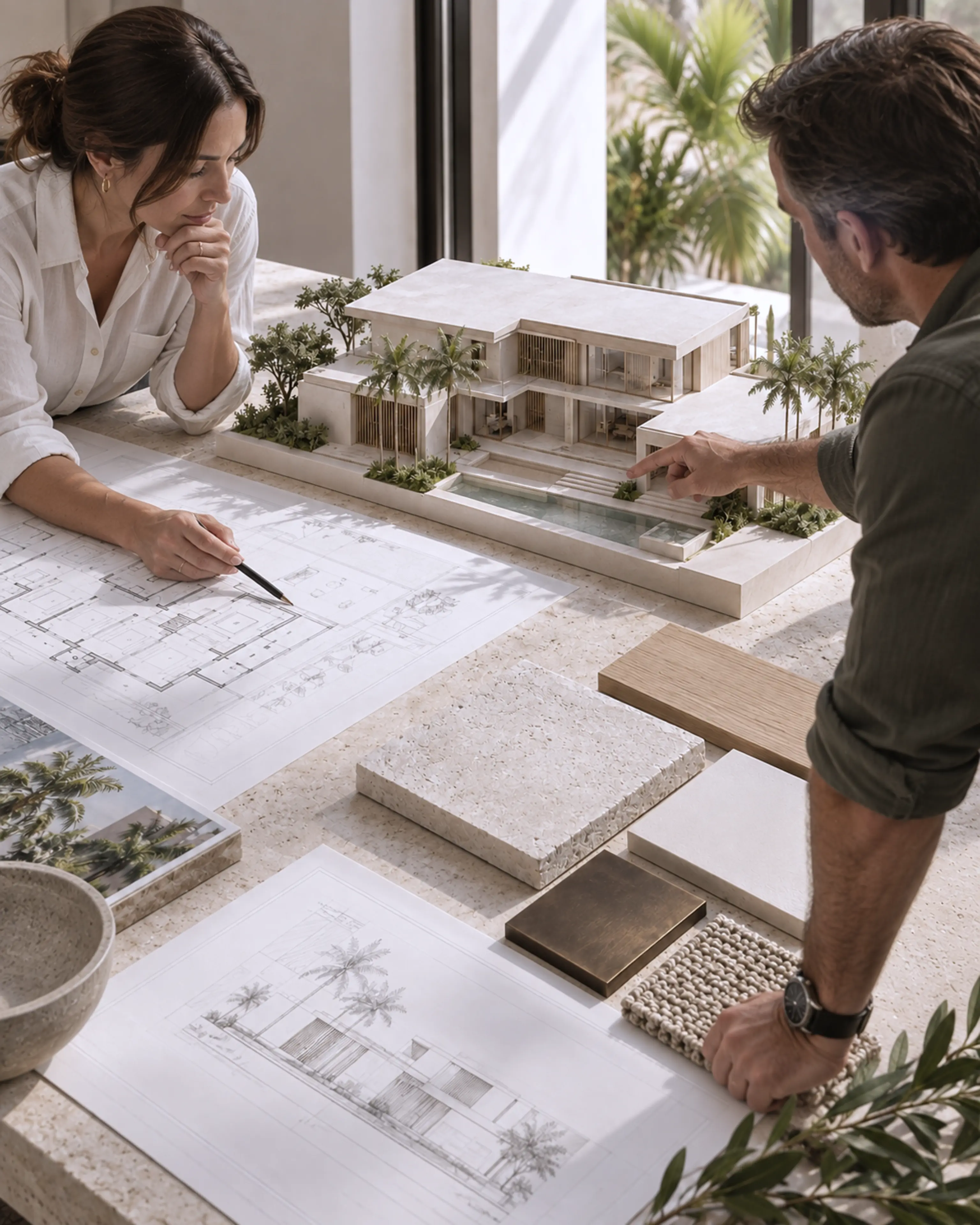 Architect and custom-home superintendent reviewing the scale model, drawings, and material selections together.