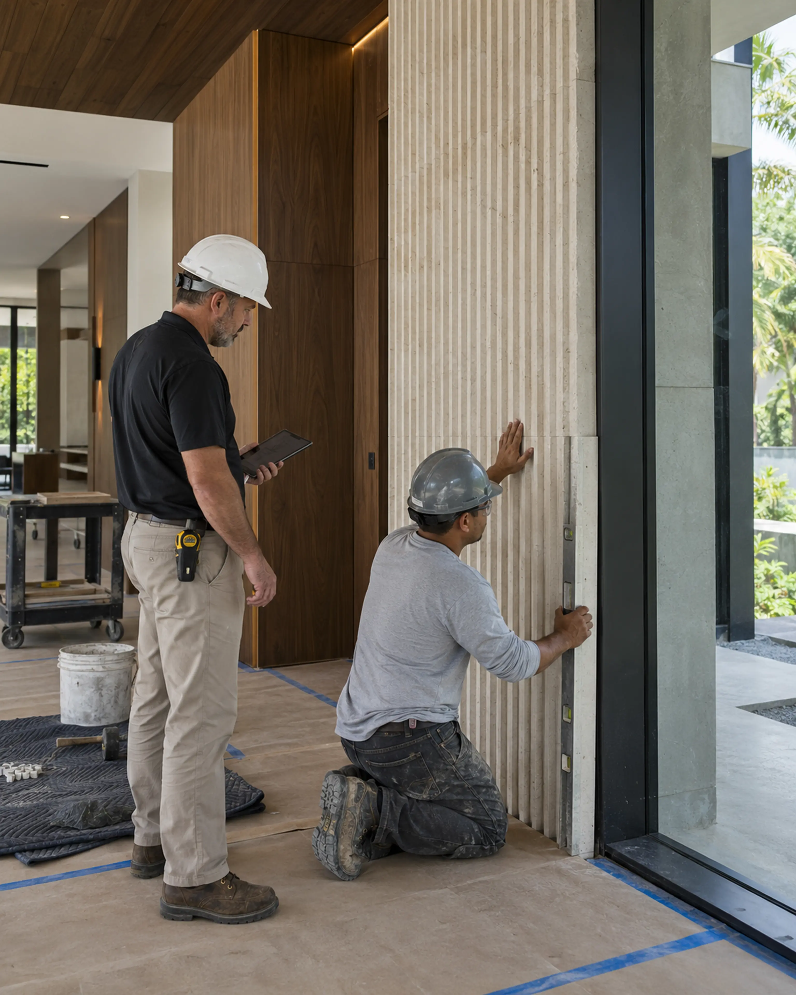 Stone installer and superintendent checking a ribbed limestone panel beside walnut millwork and charcoal glazing in a Miami Modern custom home.