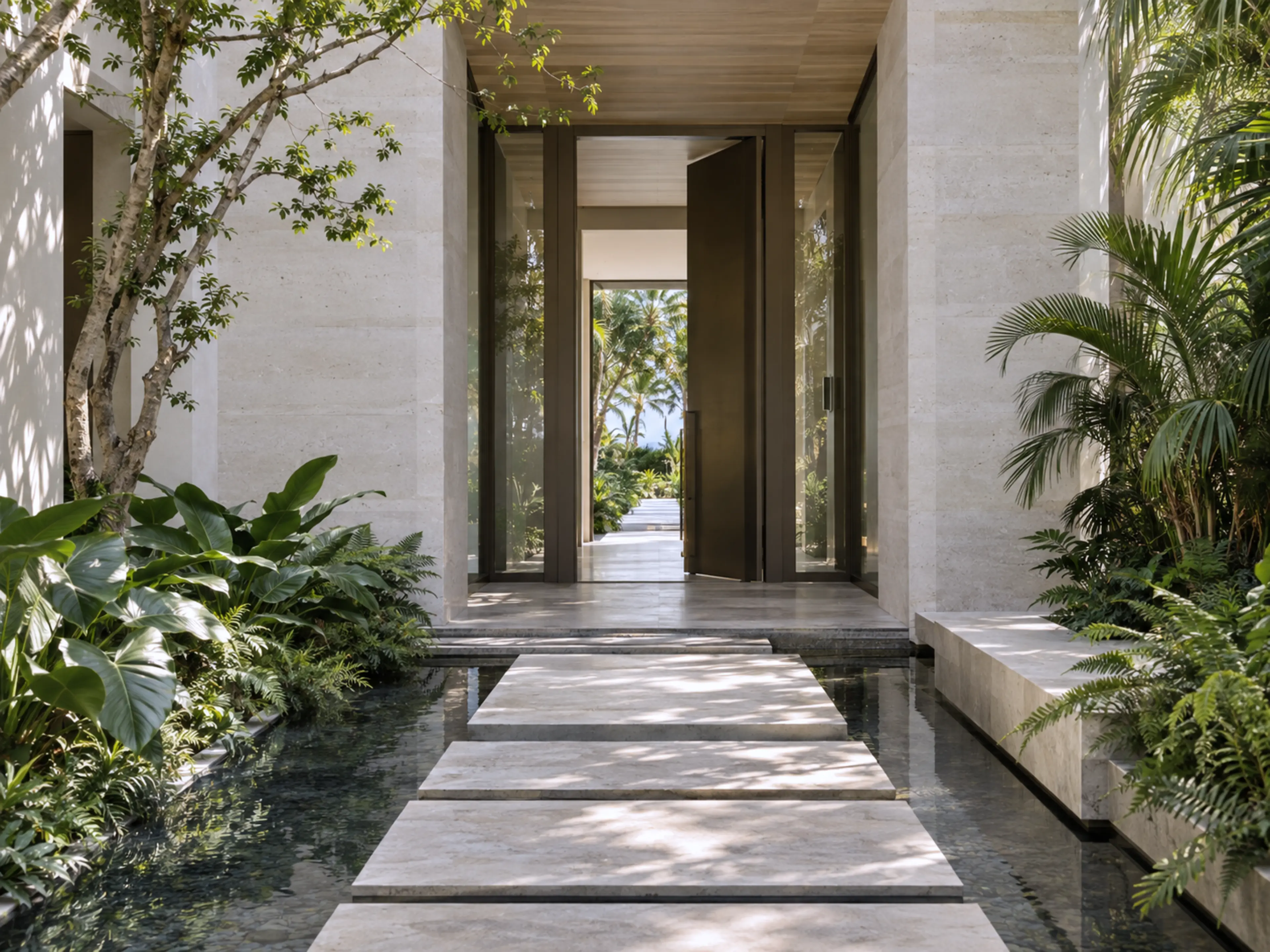 Stepping-stone entry courtyard crossing a reflecting basin toward the bronze pivot door and garden beyond.