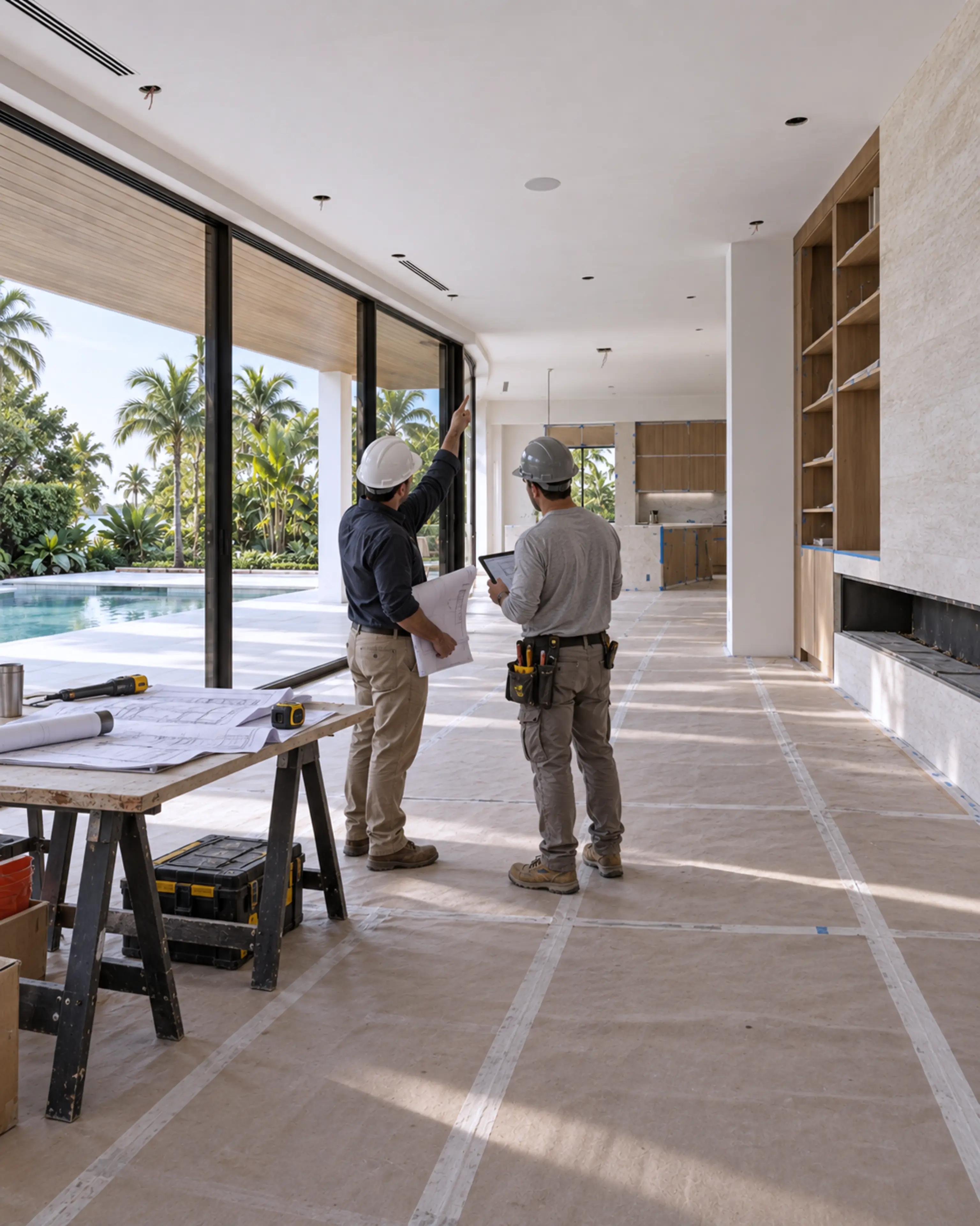 Custom-home superintendent and licensed trade coordinating ceiling systems in the great room during late-stage construction.