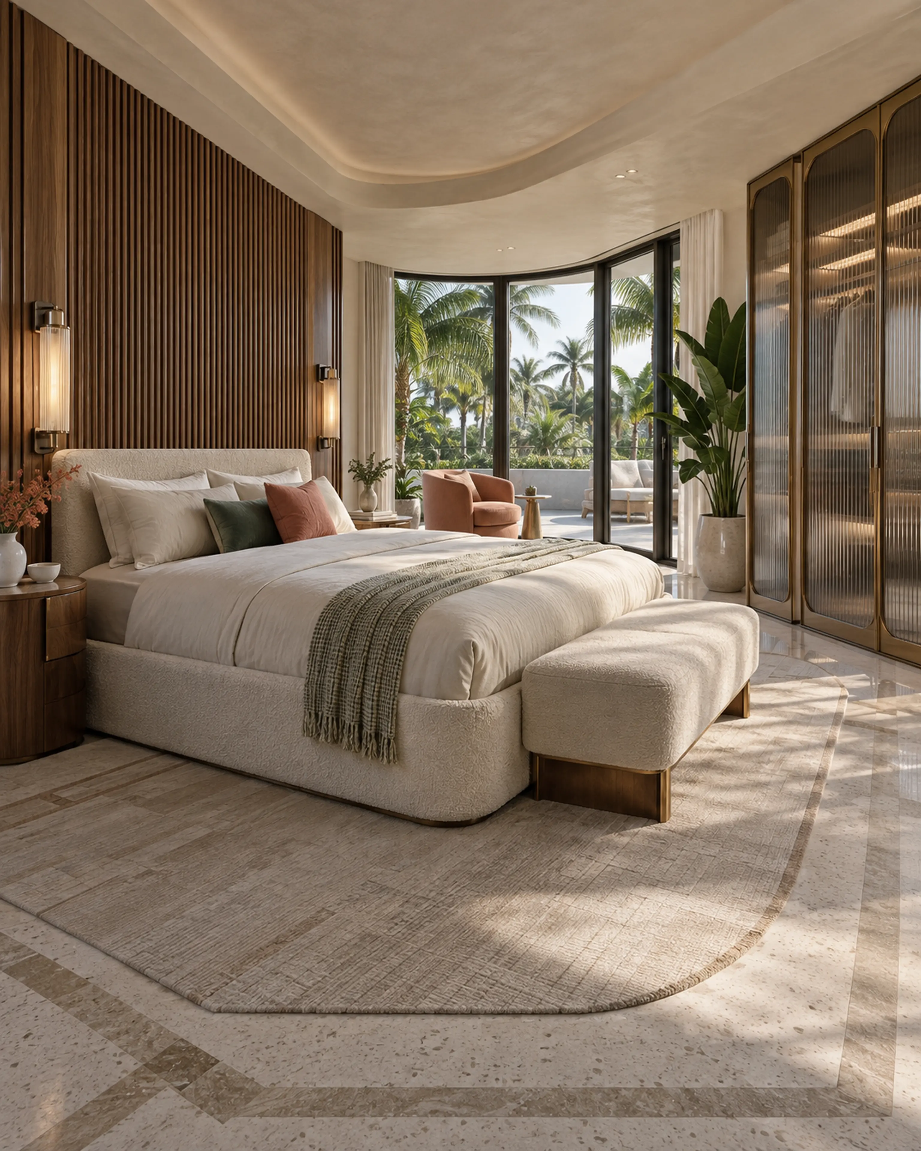Residential Art Deco primary bedroom with a fluted walnut wall, rounded plaster ceiling, ribbed-glass wardrobes, terrazzo inlay, and muted coral and sea-green accents.