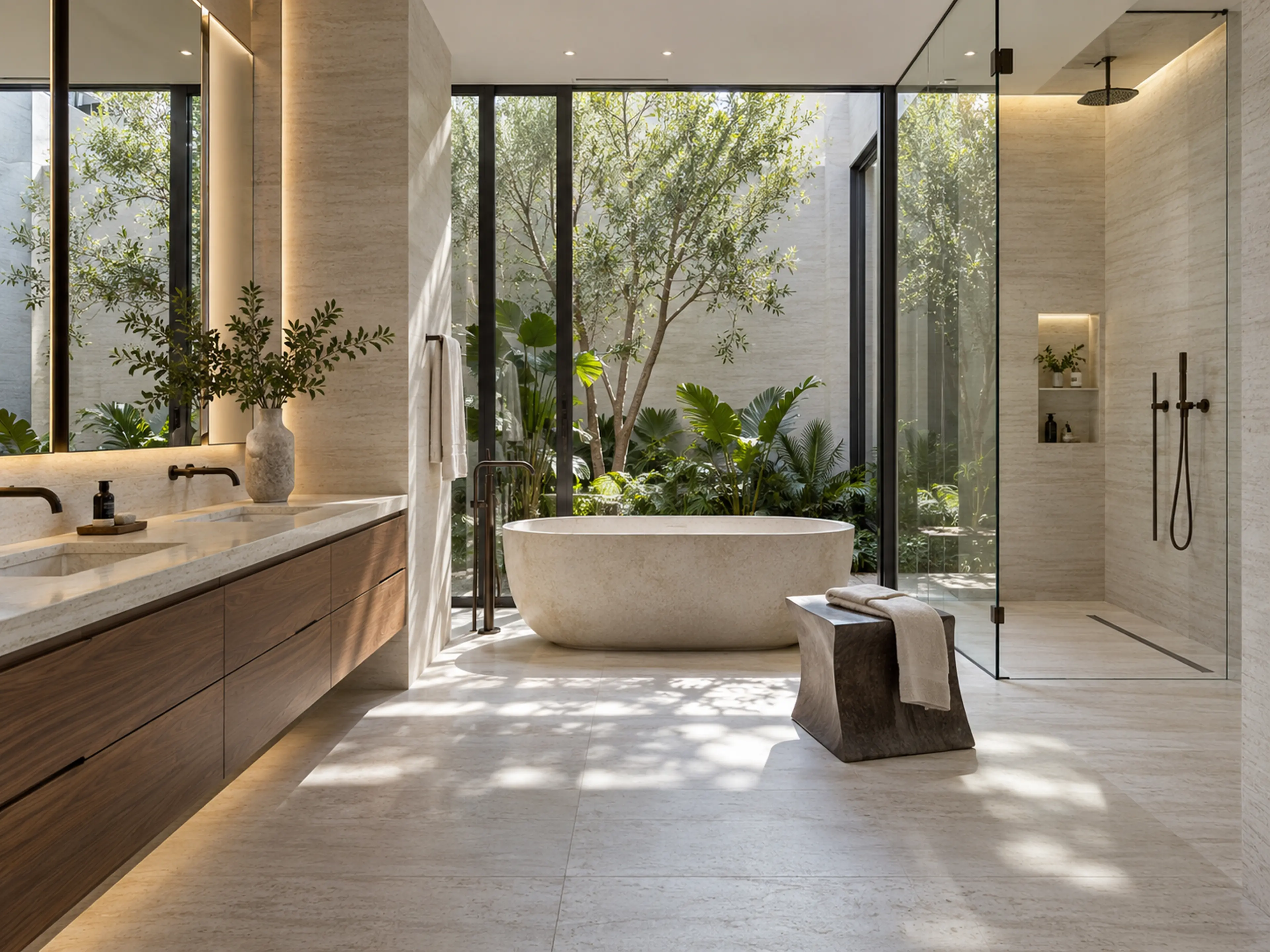 Miami Modern primary bathroom with vein-cut limestone, floating walnut vanity, monolithic tub, linear lighting, bronze fixtures, and a planted light court.