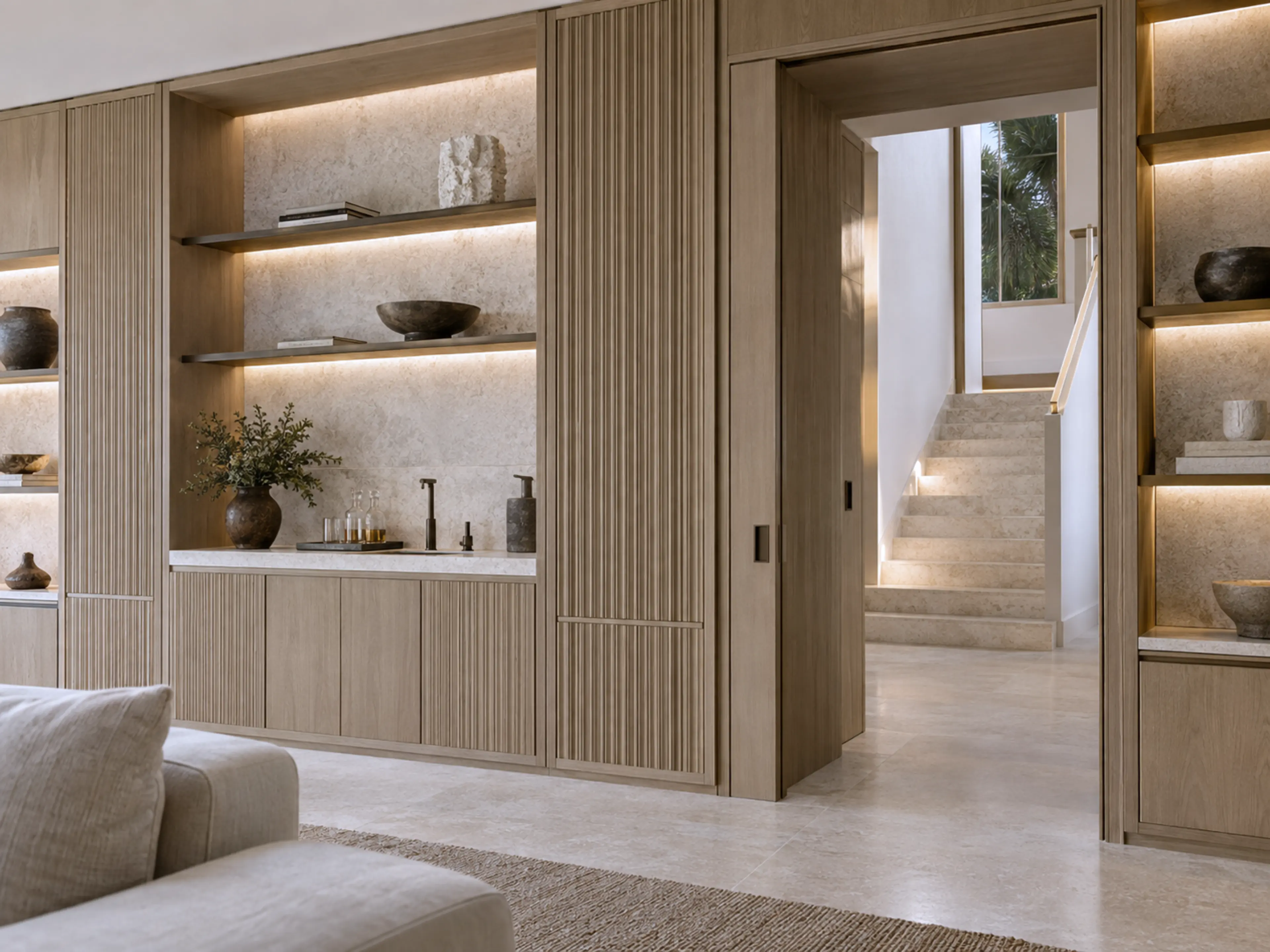 Custom white-oak millwork, limestone niches, bronze shelving, concealed lighting, and a passage to the stair.