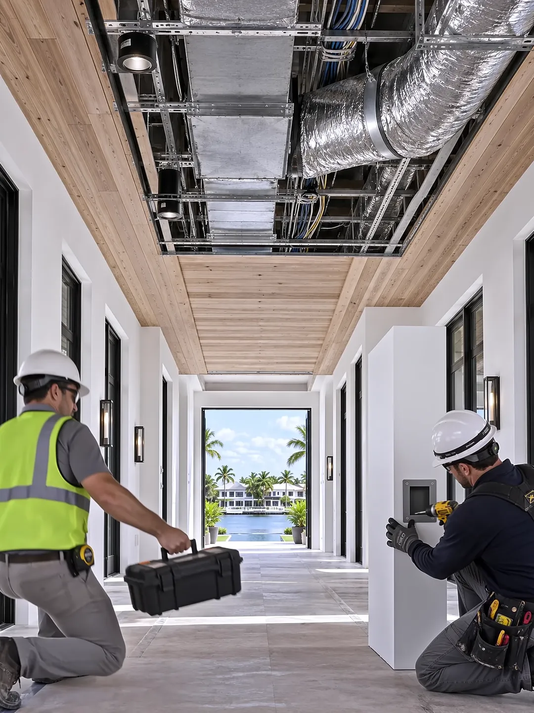 Illustrative design-build scene with workers fitting and securing a wall access cover.
