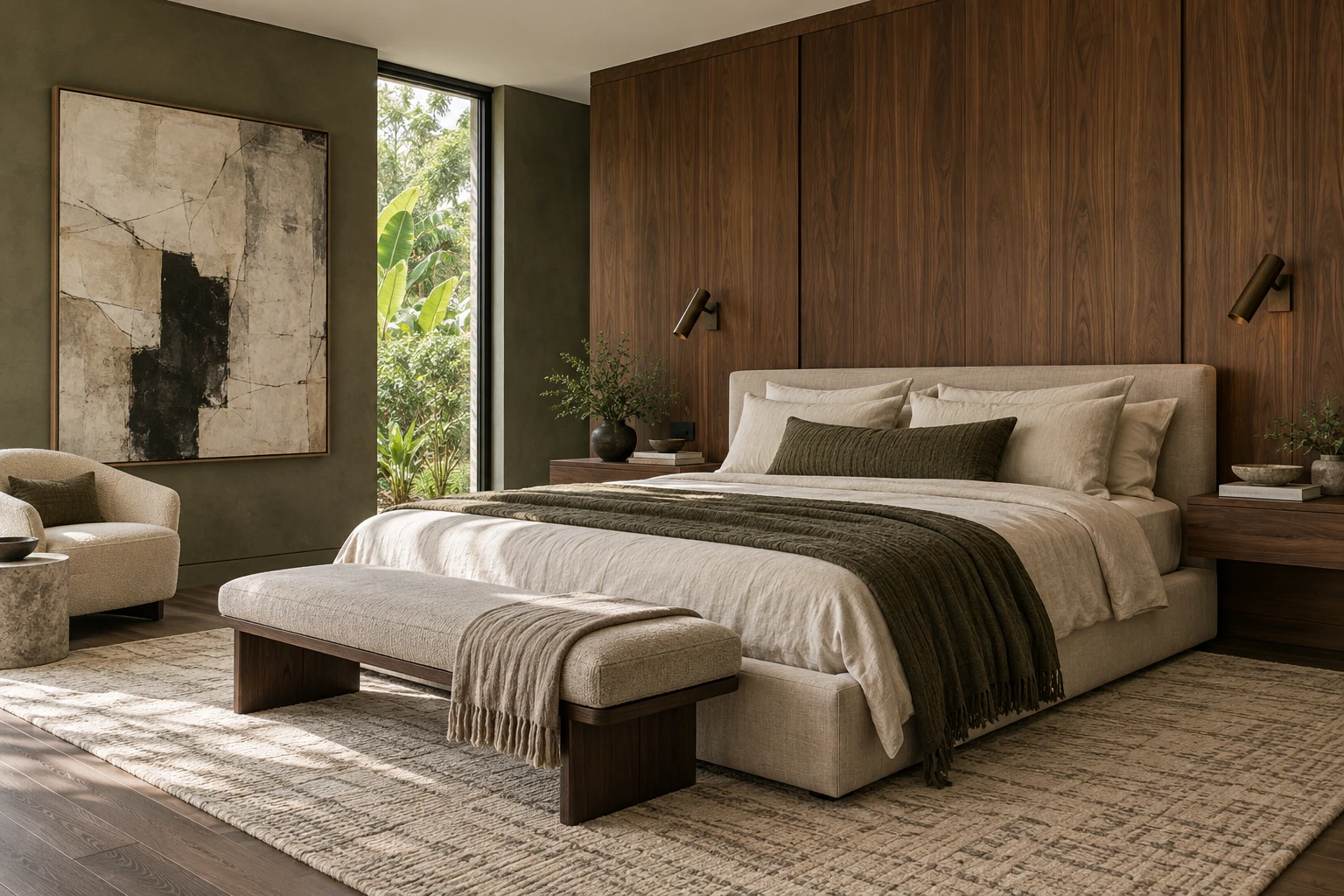 Walnut and muted olive primary bedroom with ivory linen and a private garden view — RENOVA design concept.