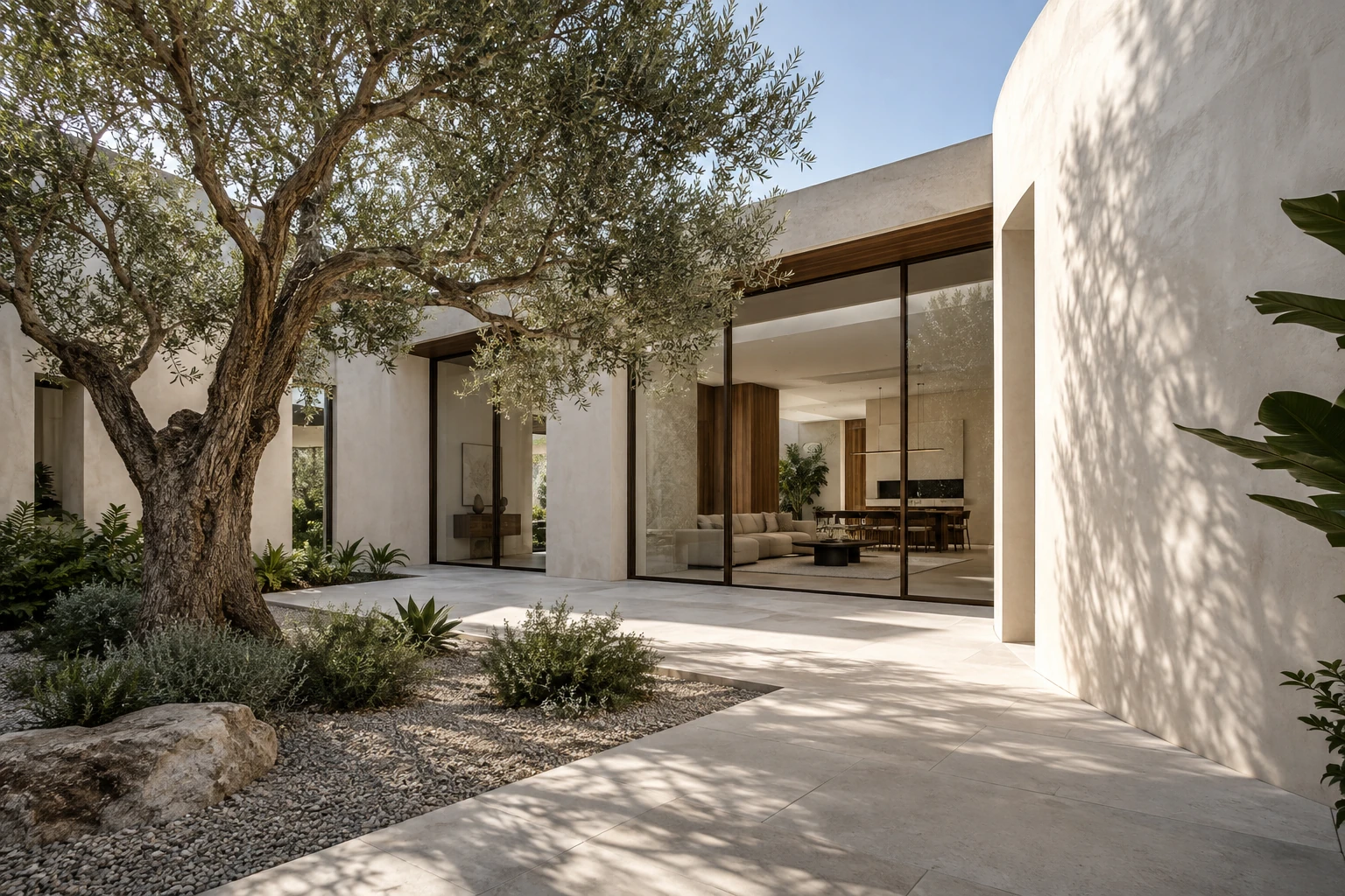 Sculptural plaster courtyard with an olive tree, bronze glazing and limestone paving — RENOVA design concept.