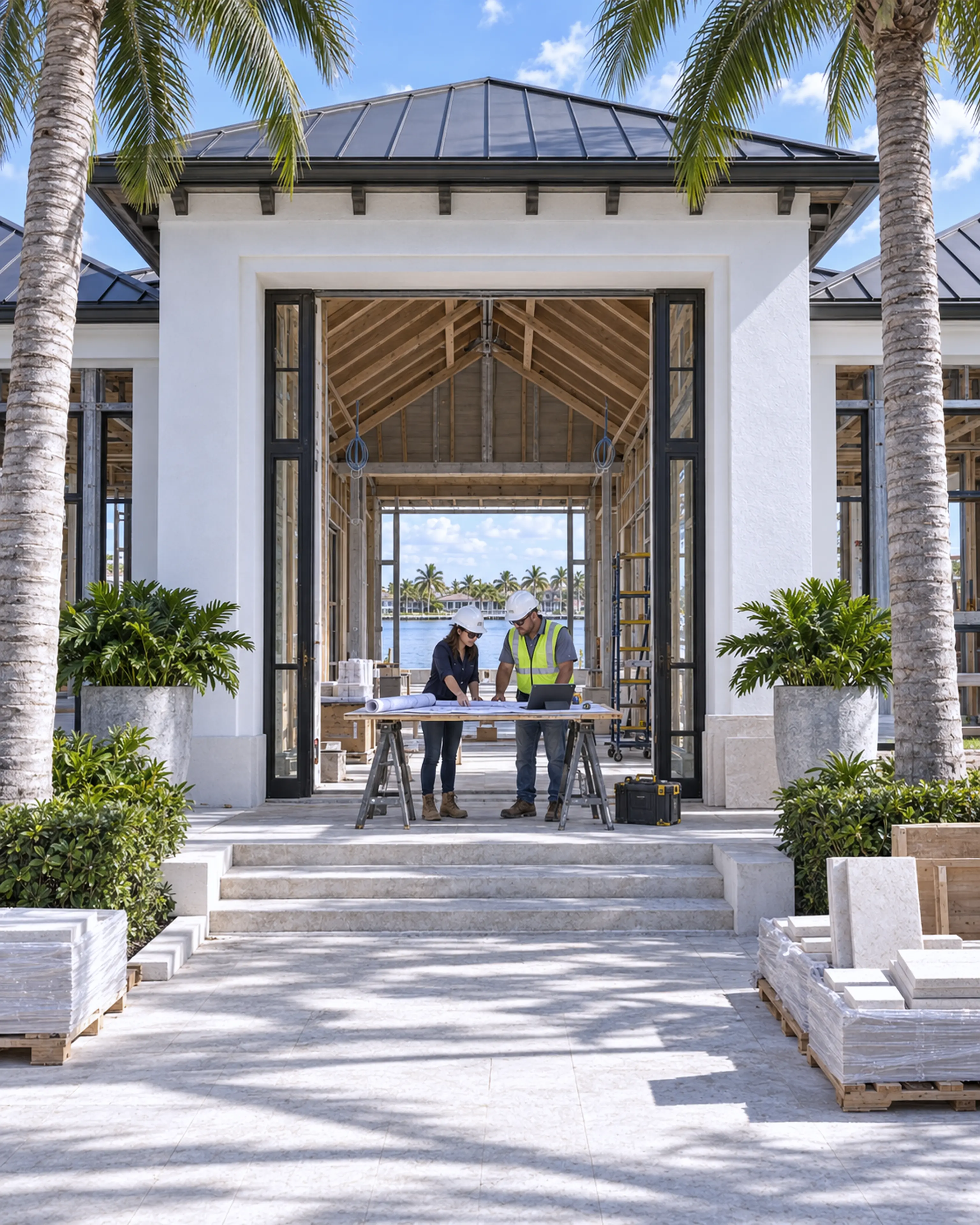 Architect and superintendent reviewing drawings at the central entry during construction.
