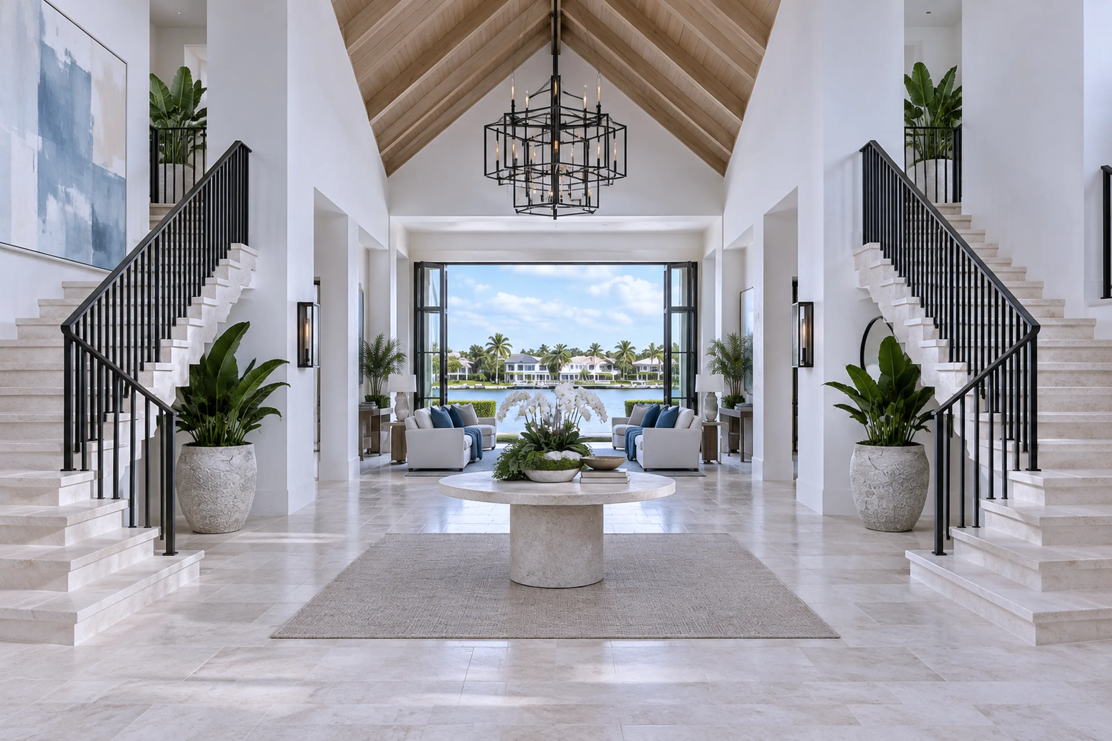 Vaulted foyer and staircase with coral limestone, cypress, black metal, and water views.
