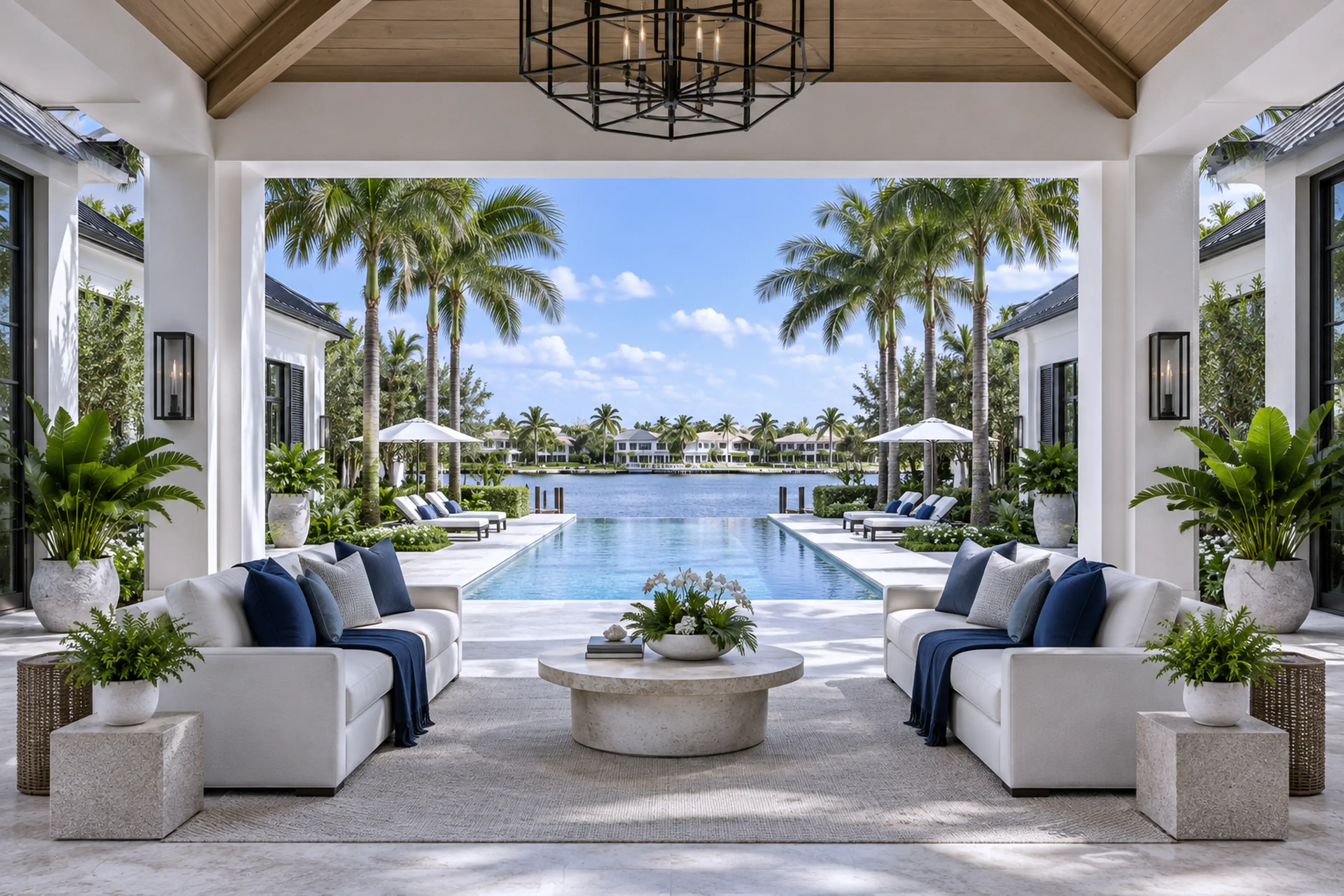 Cypress-lined loggia and pool terrace extending toward the waterfront.
