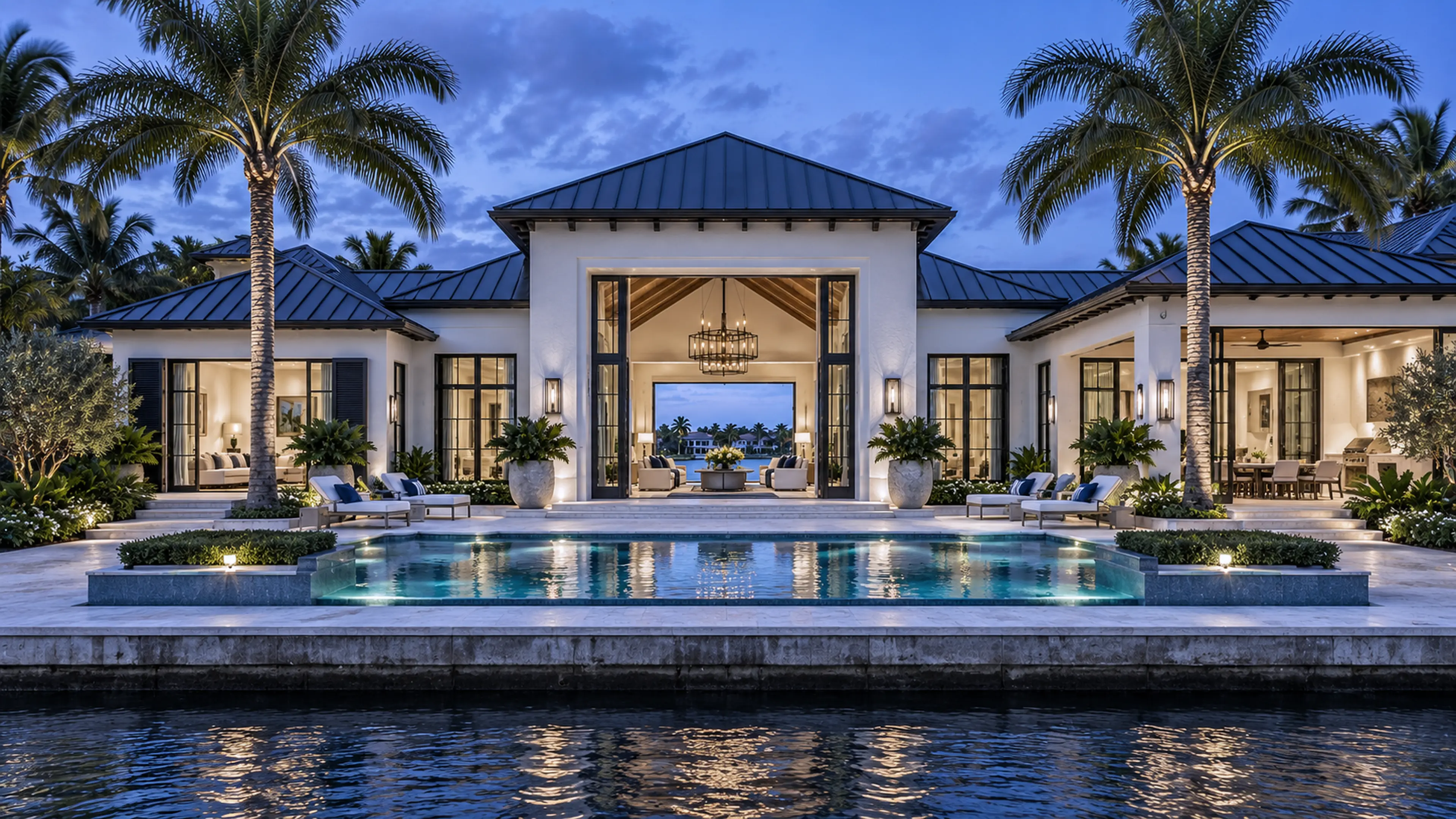 Completed Contemporary West Indies estate and pool at blue hour.