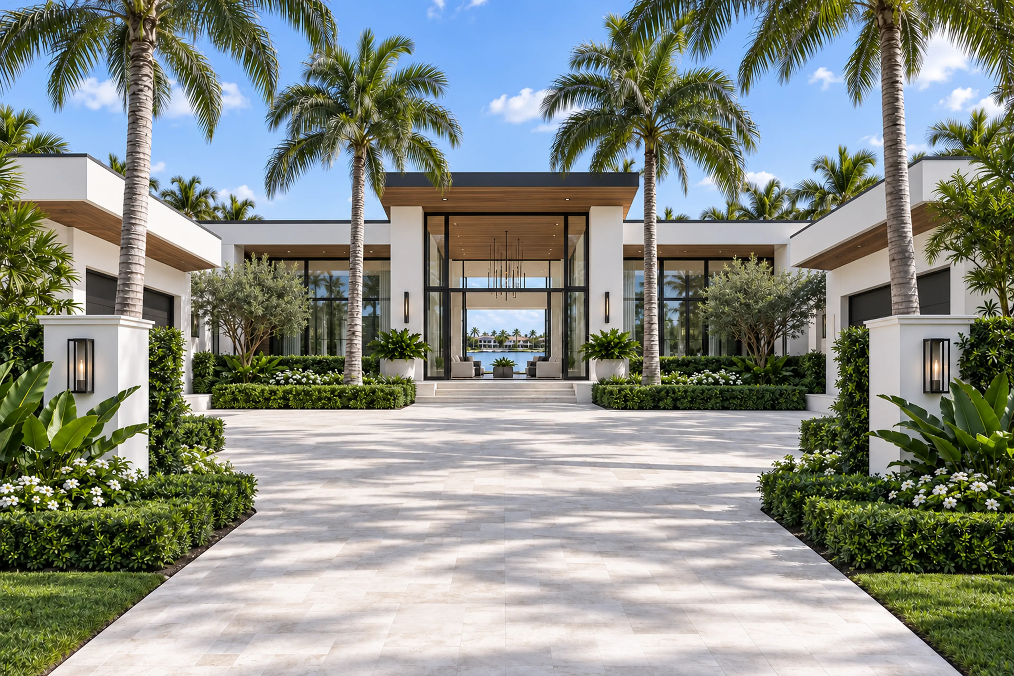 Miami Modern waterfront arrival with layered white volumes, pale limestone, and tropical landscaping.