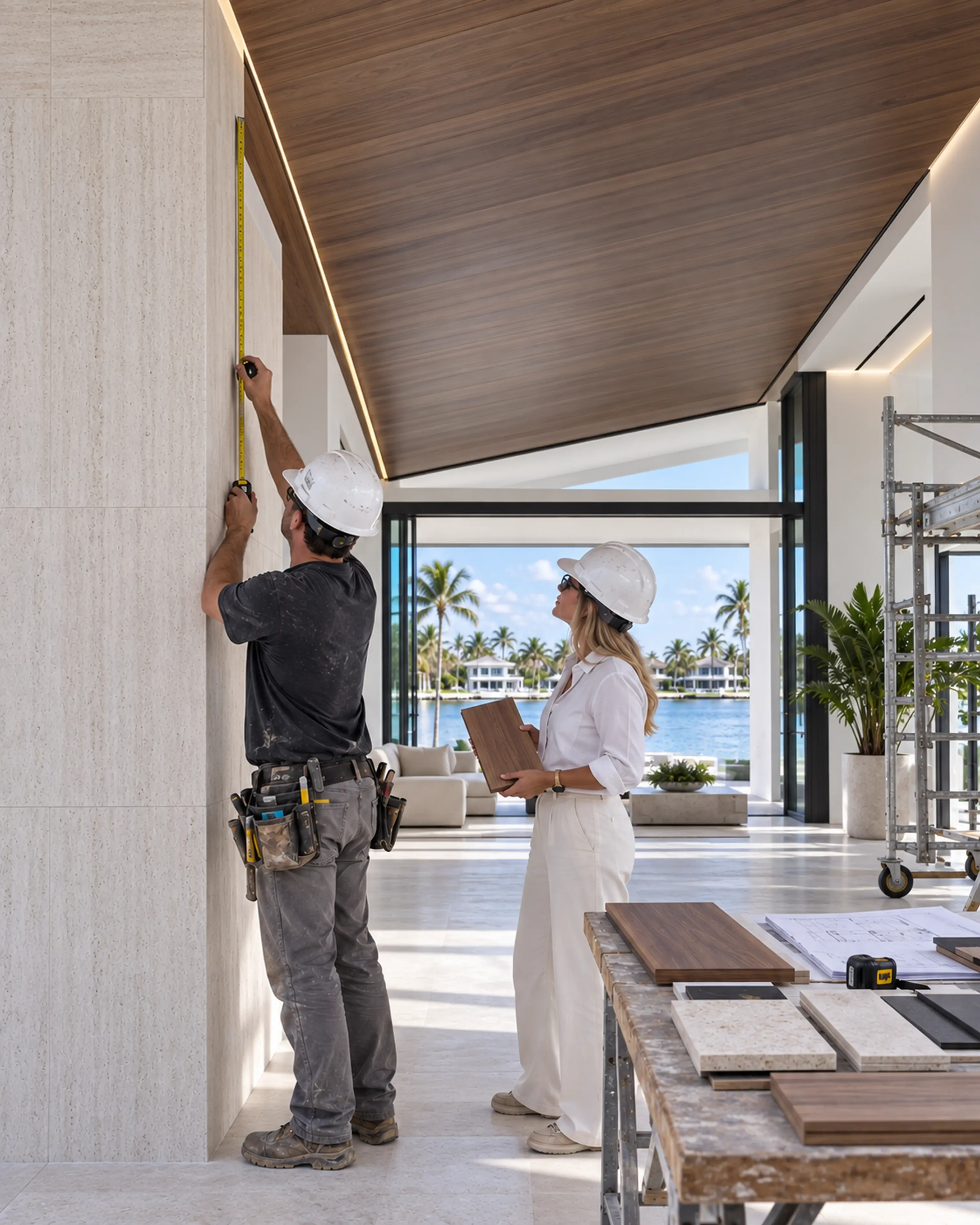 Two design-build professionals reviewing a Miami Modern finish mockup with correct PPE and tools.