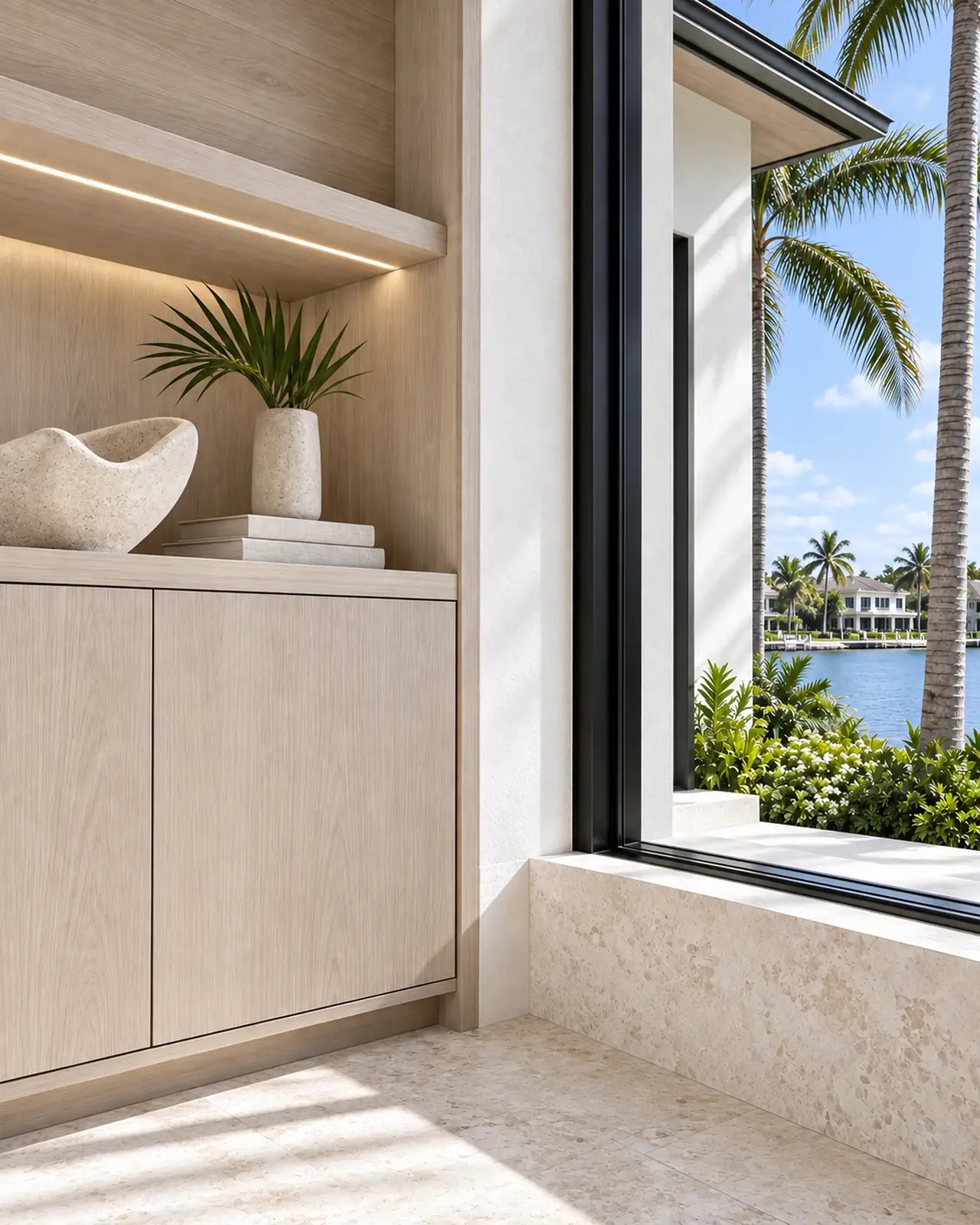 White oak cabinetry, pale stone and a sunlit waterfront window in a contemporary interior.