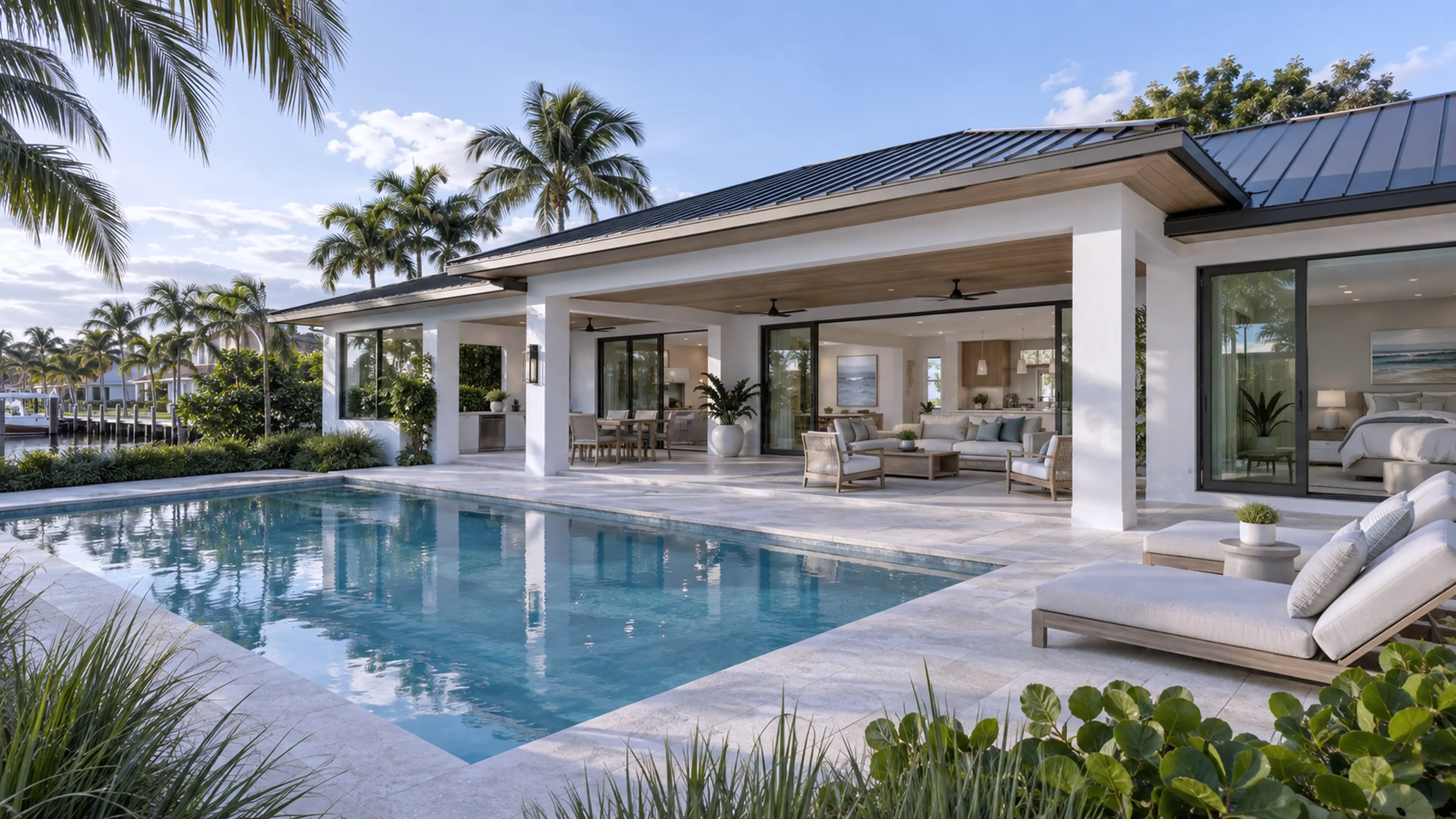 Completed Coastal Contemporary renovation of a one-story Delray Beach canal-front home.