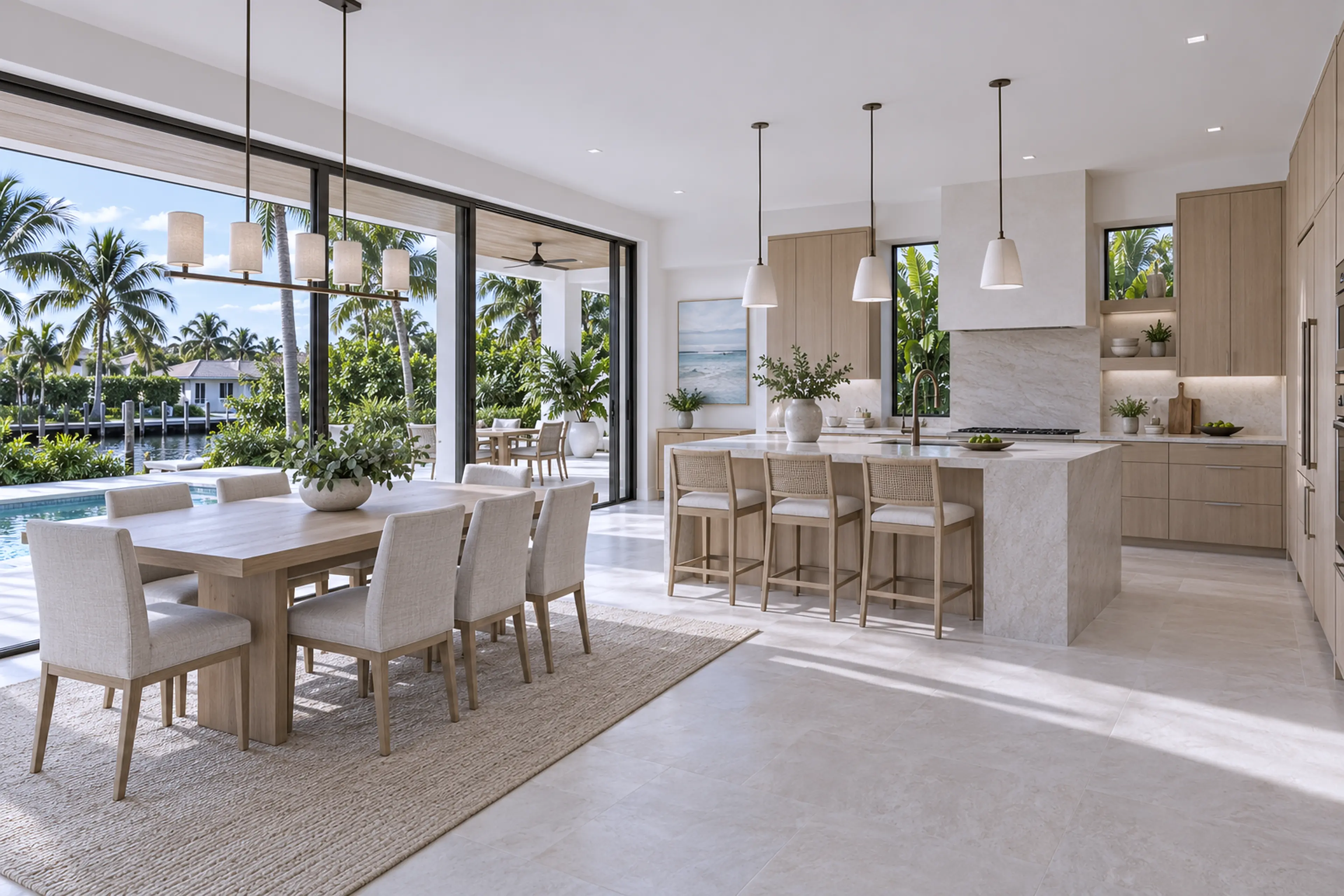 Practical luxury kitchen and dining room with pale oak, sandy stone, and garden views.