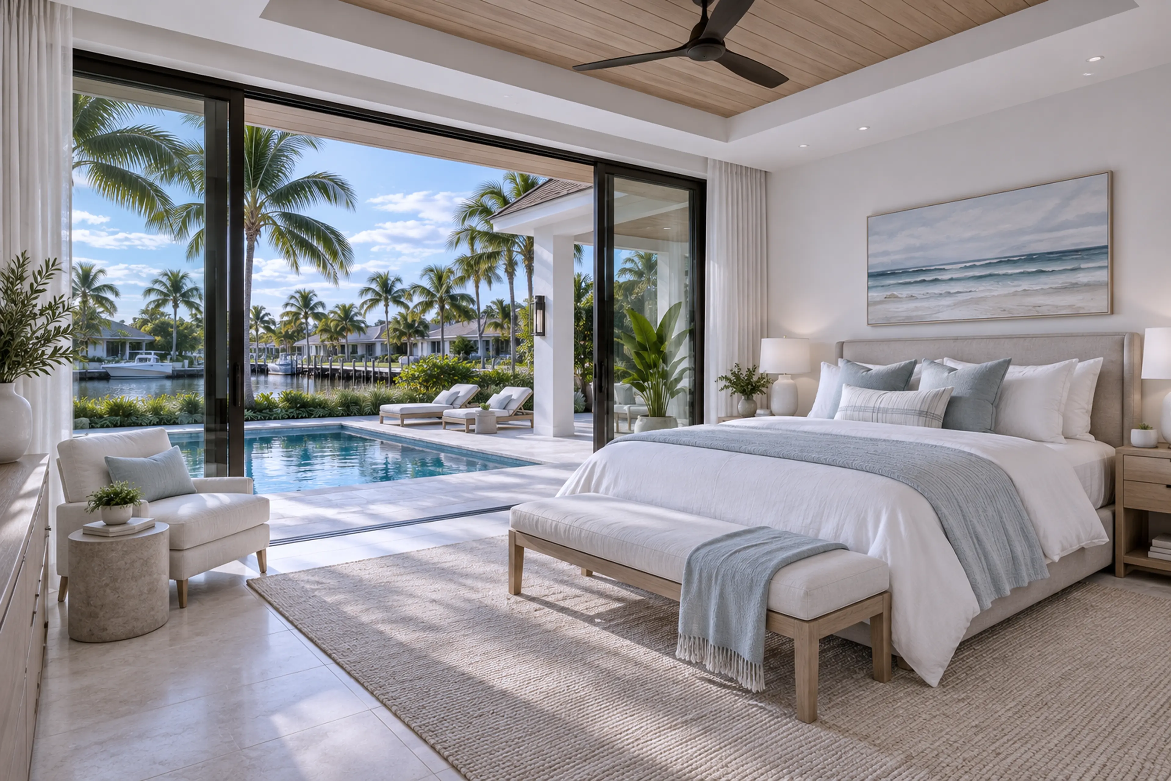 Contemporary bedroom with an understated upholstered headboard and pool views.